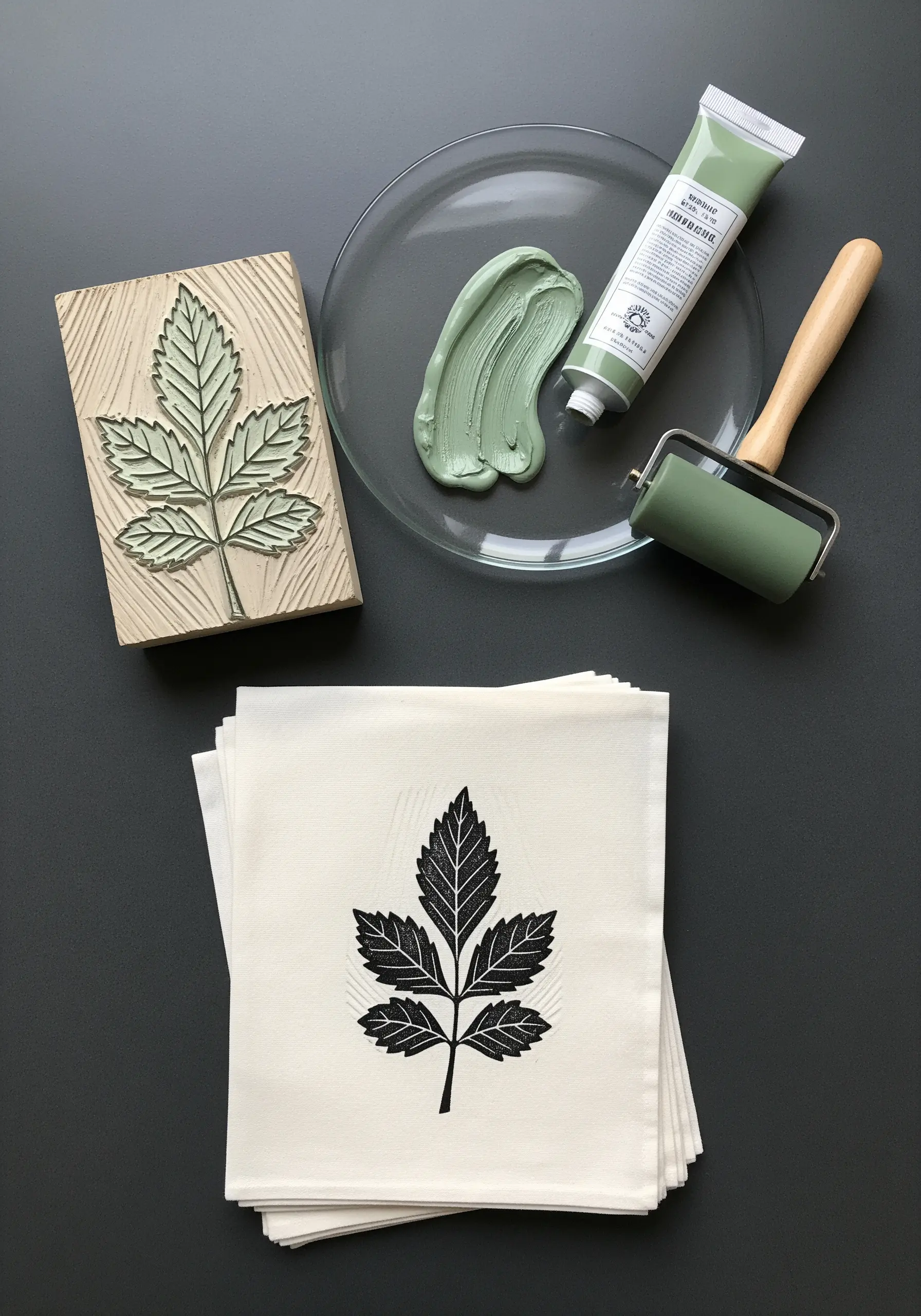 A leaf-carved woodblock, green ink, a roller, and a printed leaf on a napkin.