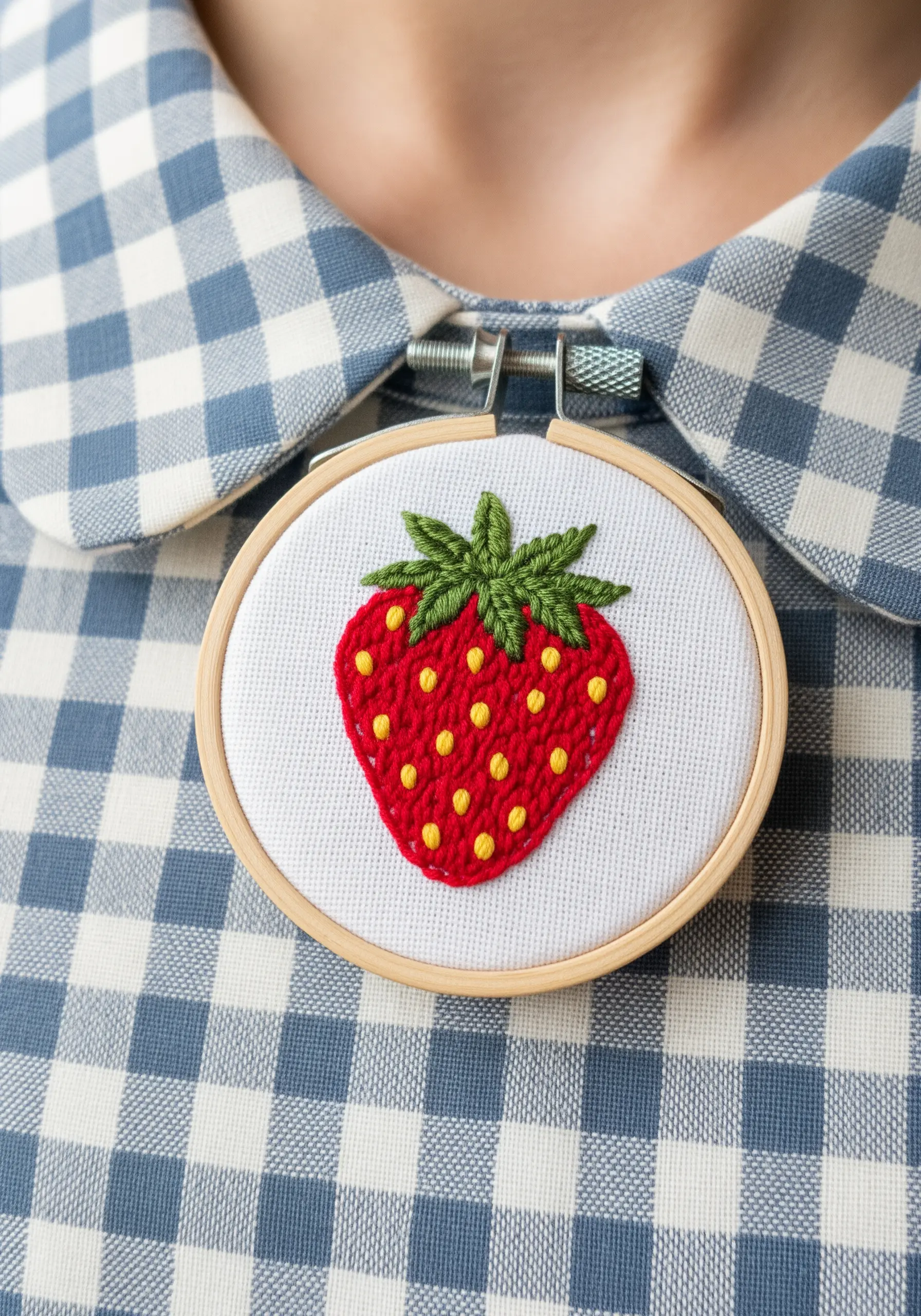An embroidered strawberry brooch with a brick stitch fill and yellow seed details.