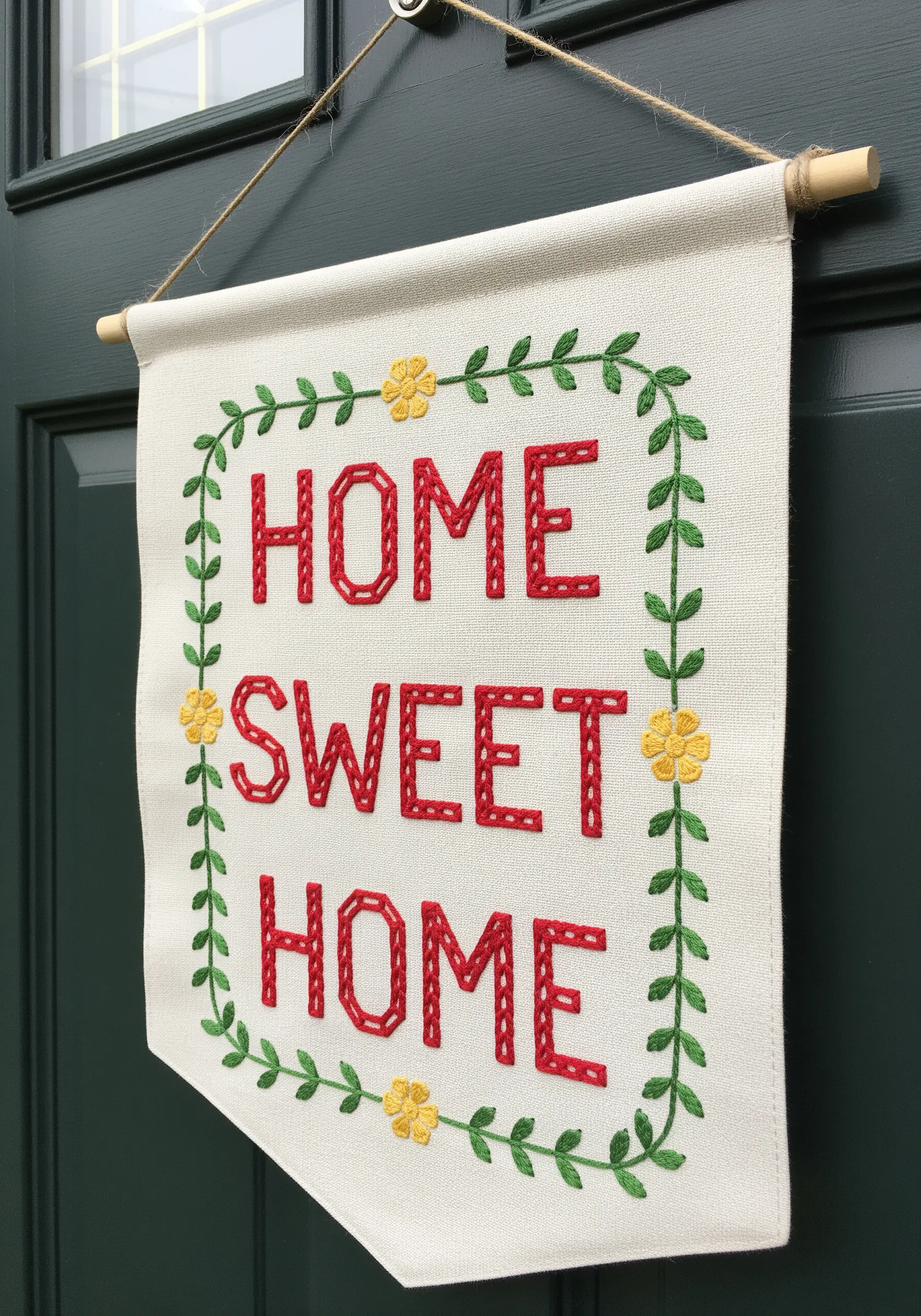 A 'Home Sweet Home' banner with red brick-stitched letters and a leafy border.
