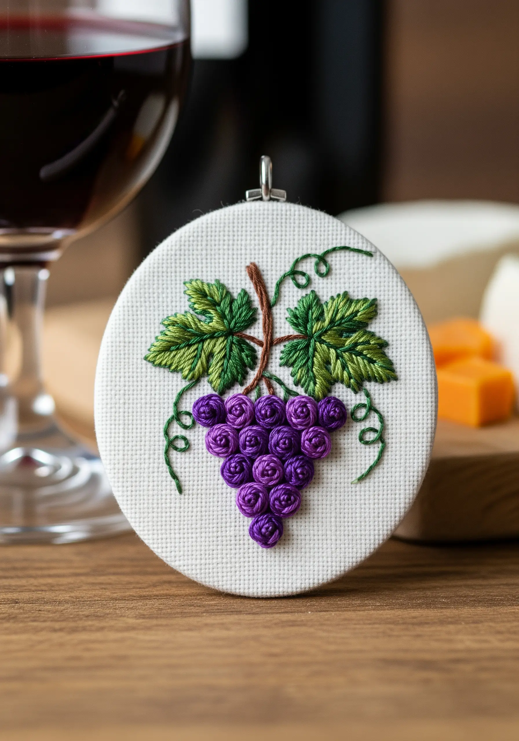 A bunch of grapes made from purple bullion knots with embroidered green leaves.