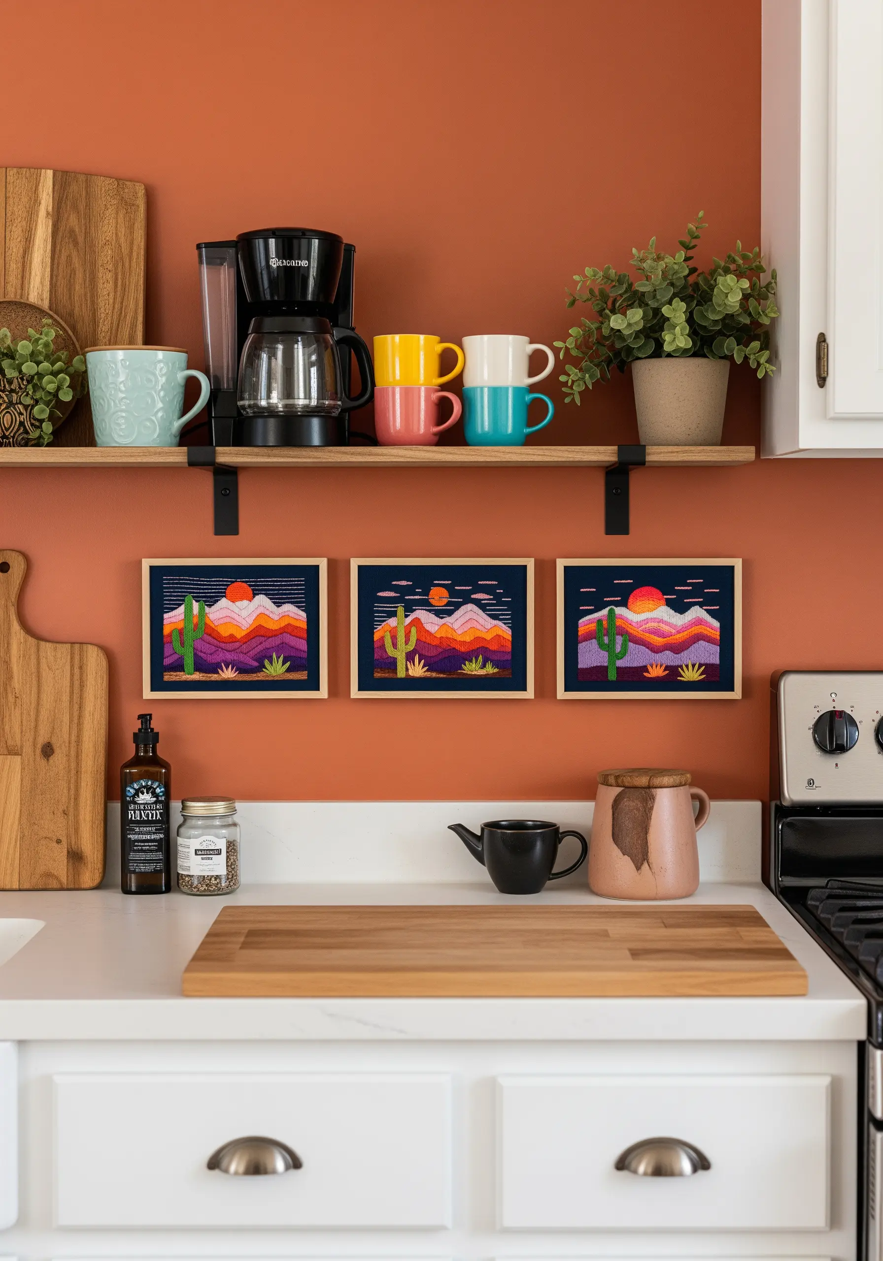 A triptych of framed desert landscapes with bold color blocking and satin stitch.