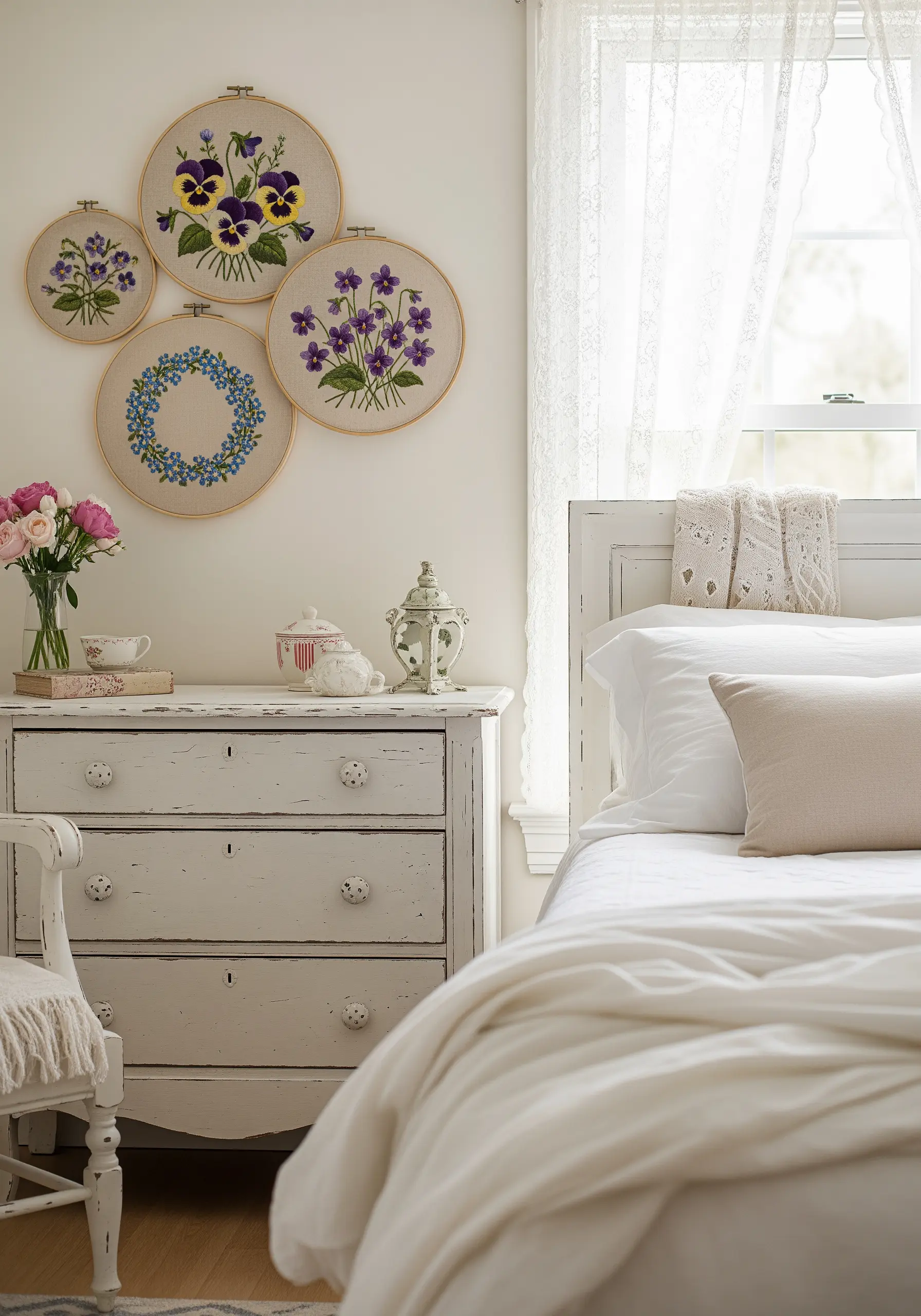 A collection of four hoops featuring embroidered pansies and violets in a cottage-style room.