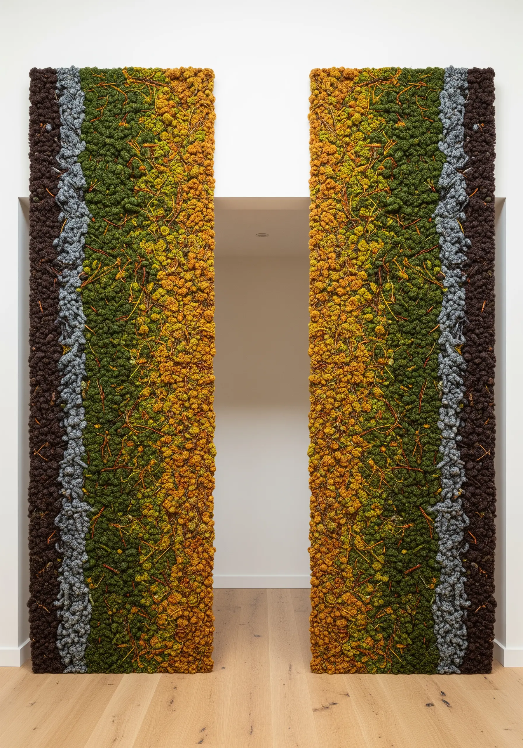 Two tall, vertical panels covered in a gradient of textured moss-like embroidery from brown to green.