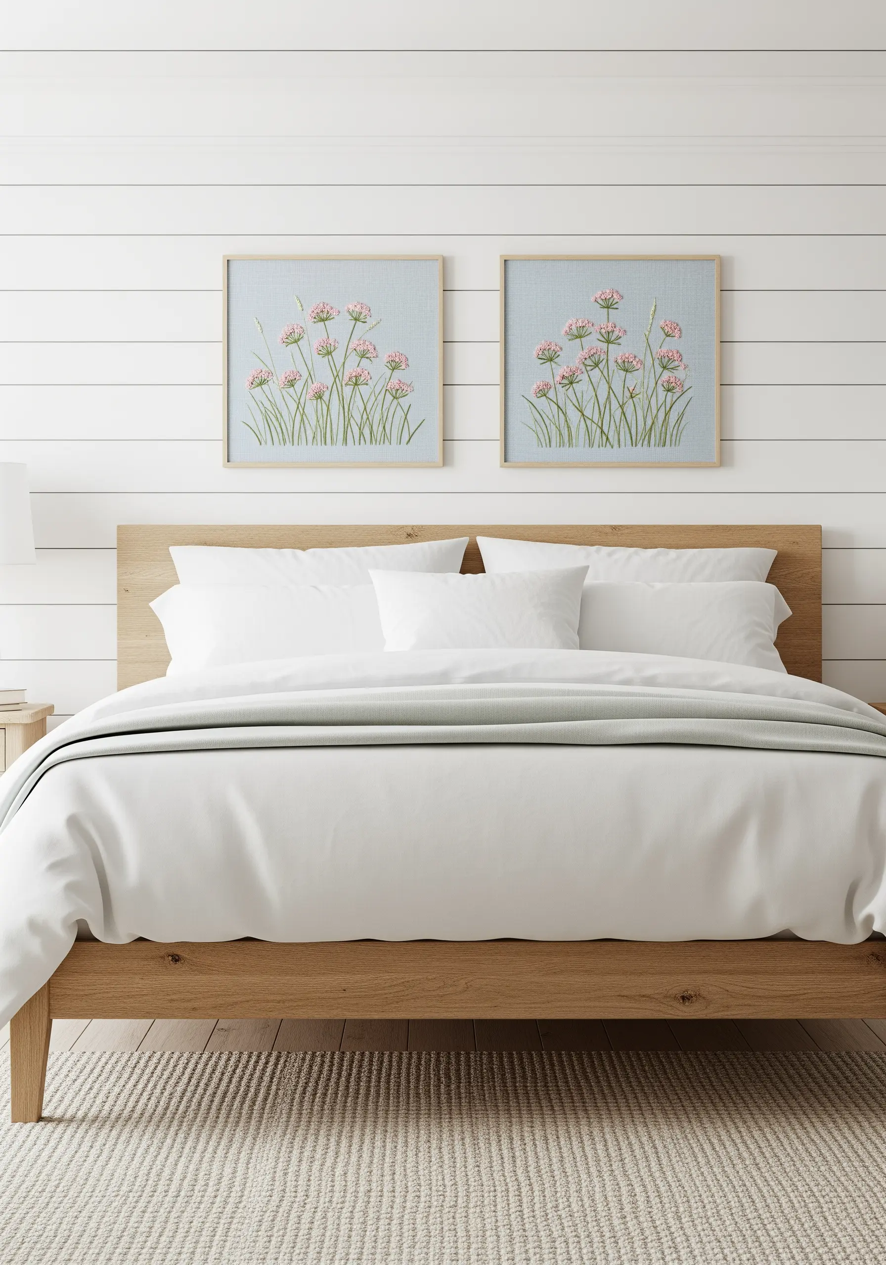 Two framed embroideries of pink chive blossoms on blue fabric, hanging over a bed.