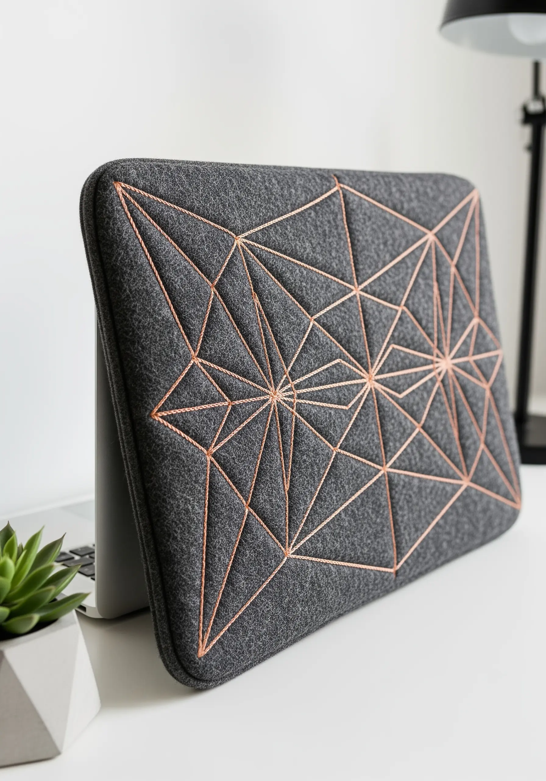 A geometric starburst pattern in copper metallic thread on a charcoal gray felt laptop sleeve