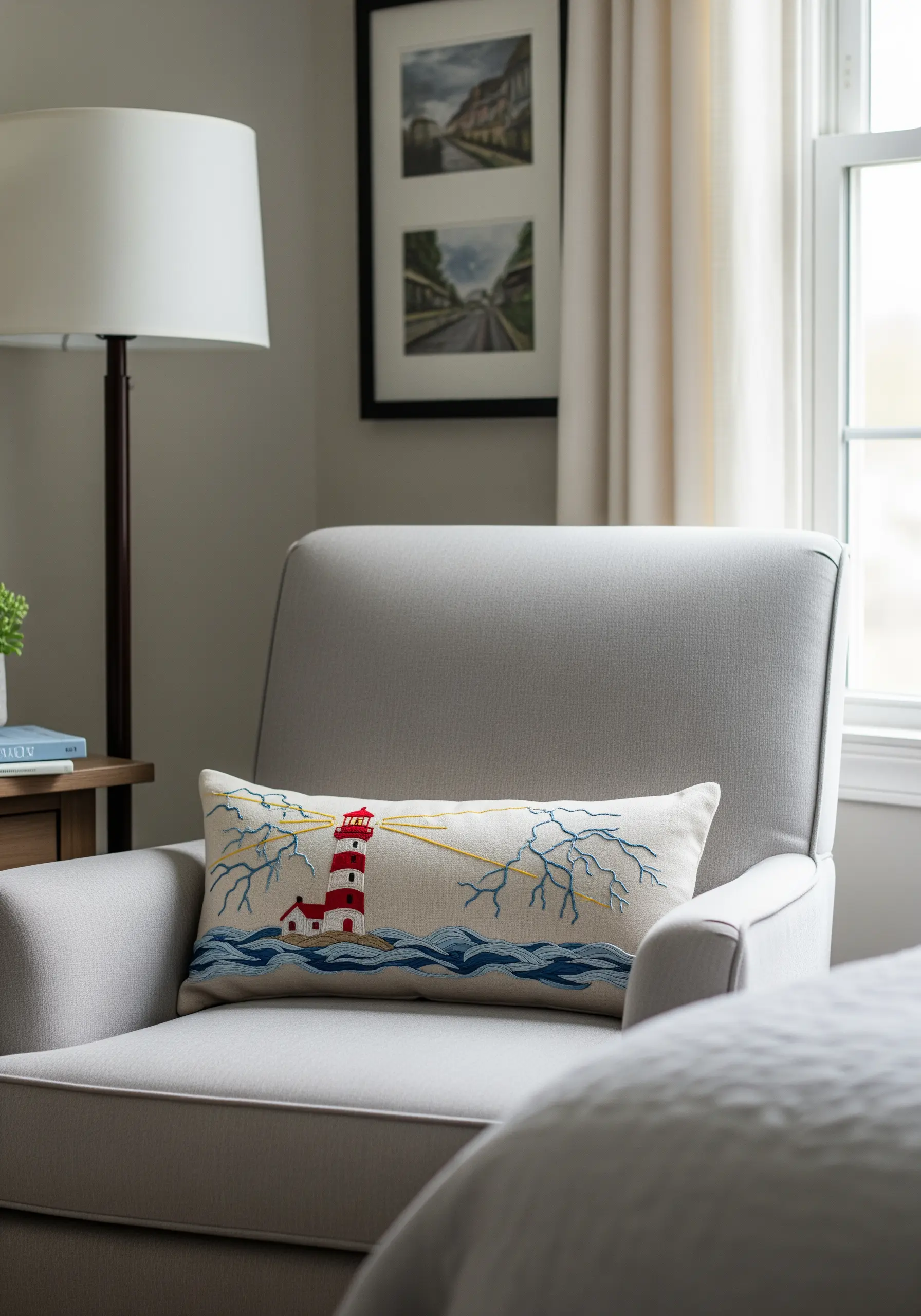 An embroidered lumbar pillow depicting a lighthouse scene with waves and lightning.