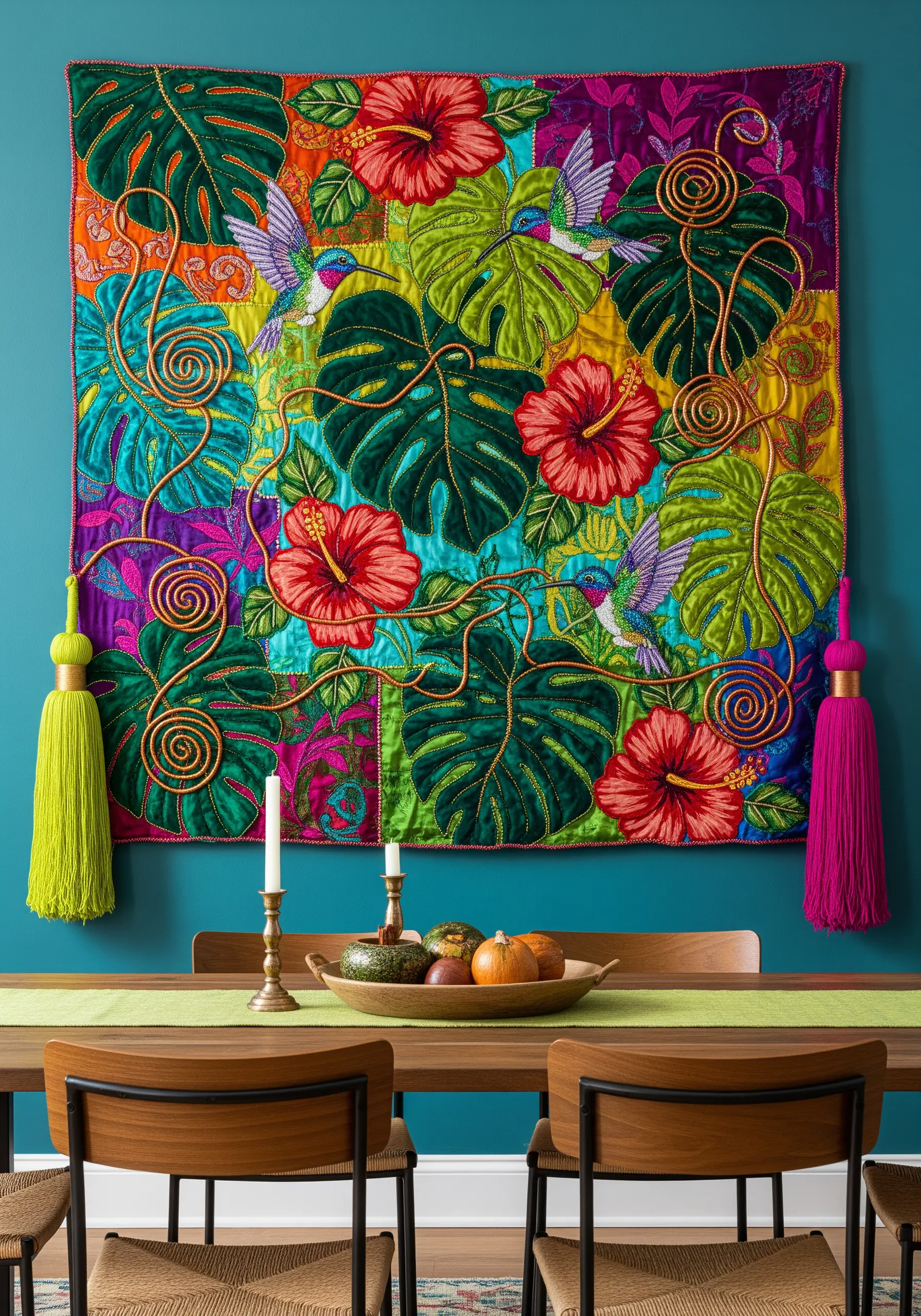 Vibrant quilt with embroidered hibiscus flowers, monstera leaves, and corded outlines.