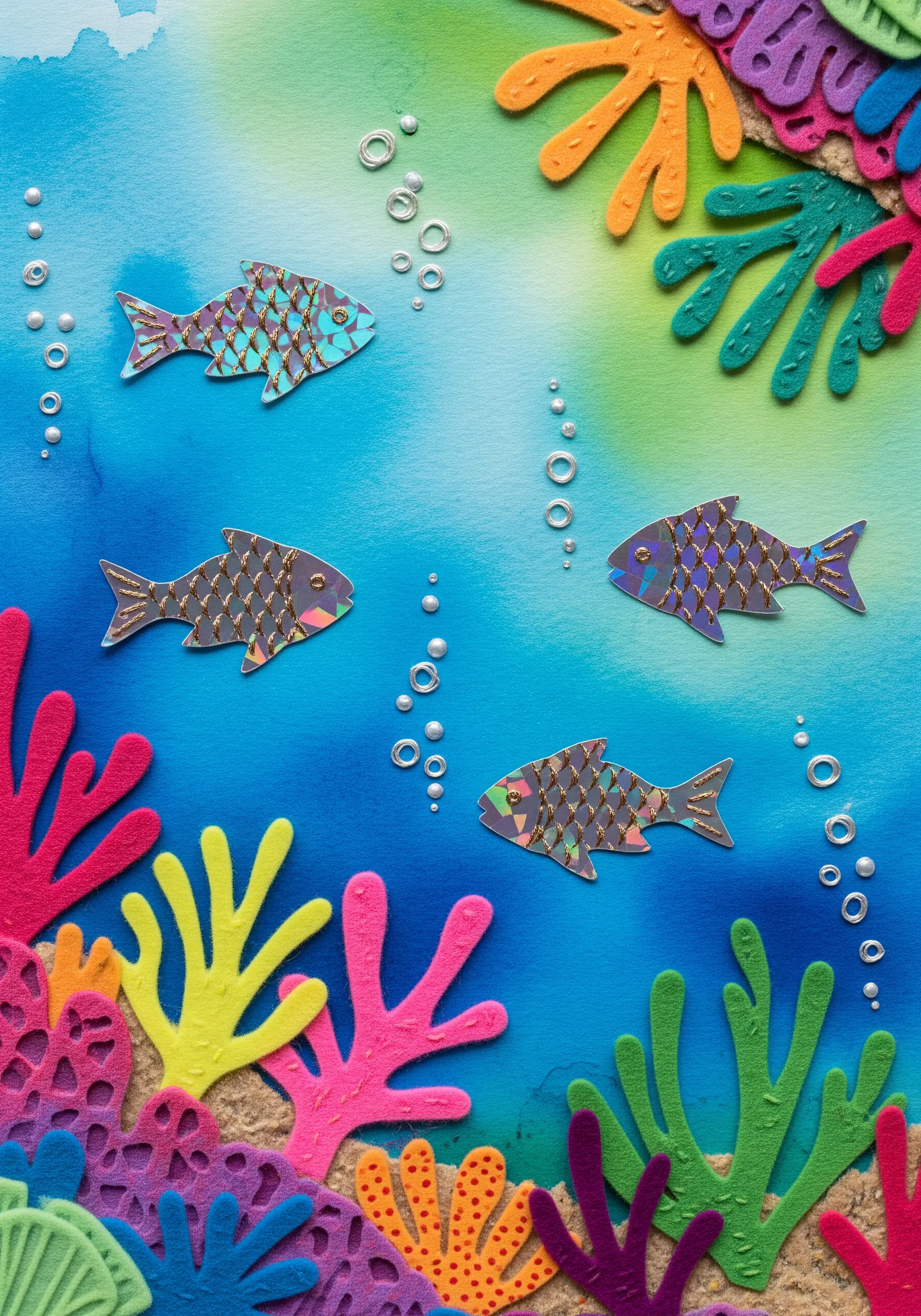 An underwater collage with delicate bubbles made from couched silver thread circles.