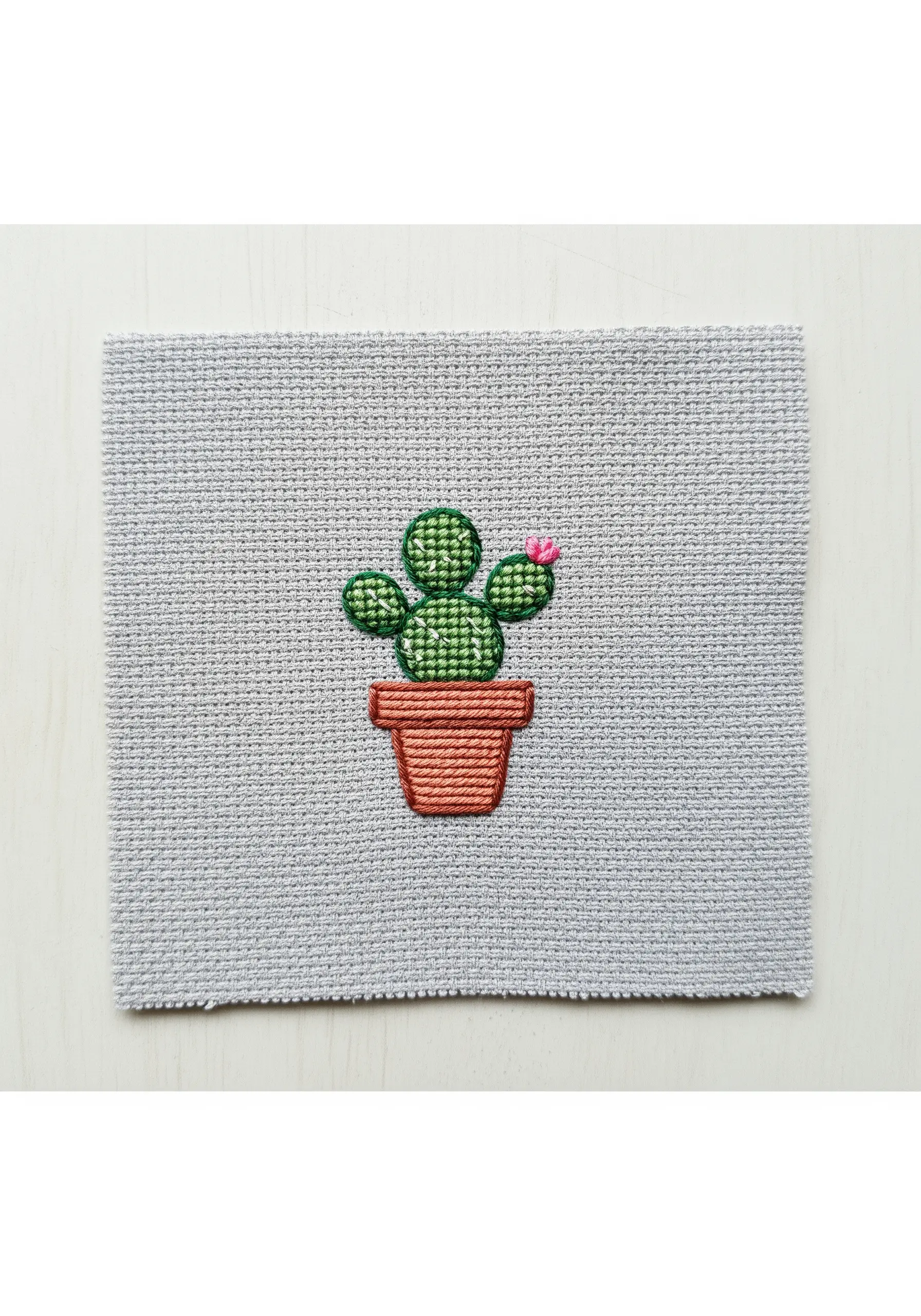 A small cross-stitched cactus in a terracotta pot on light gray Aida cloth.