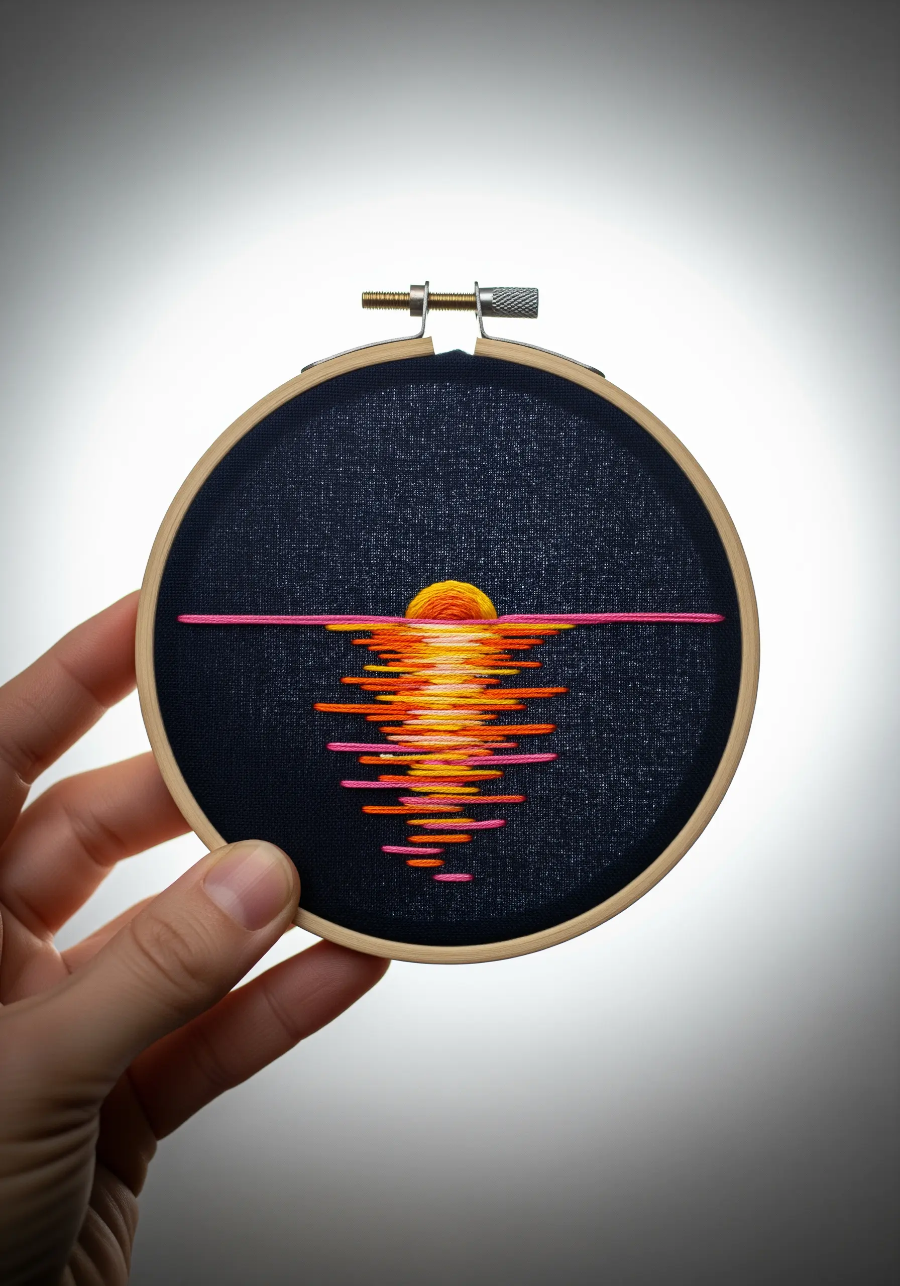 Vibrant embroidered sunset reflection on dark fabric with neon pink and orange threads.