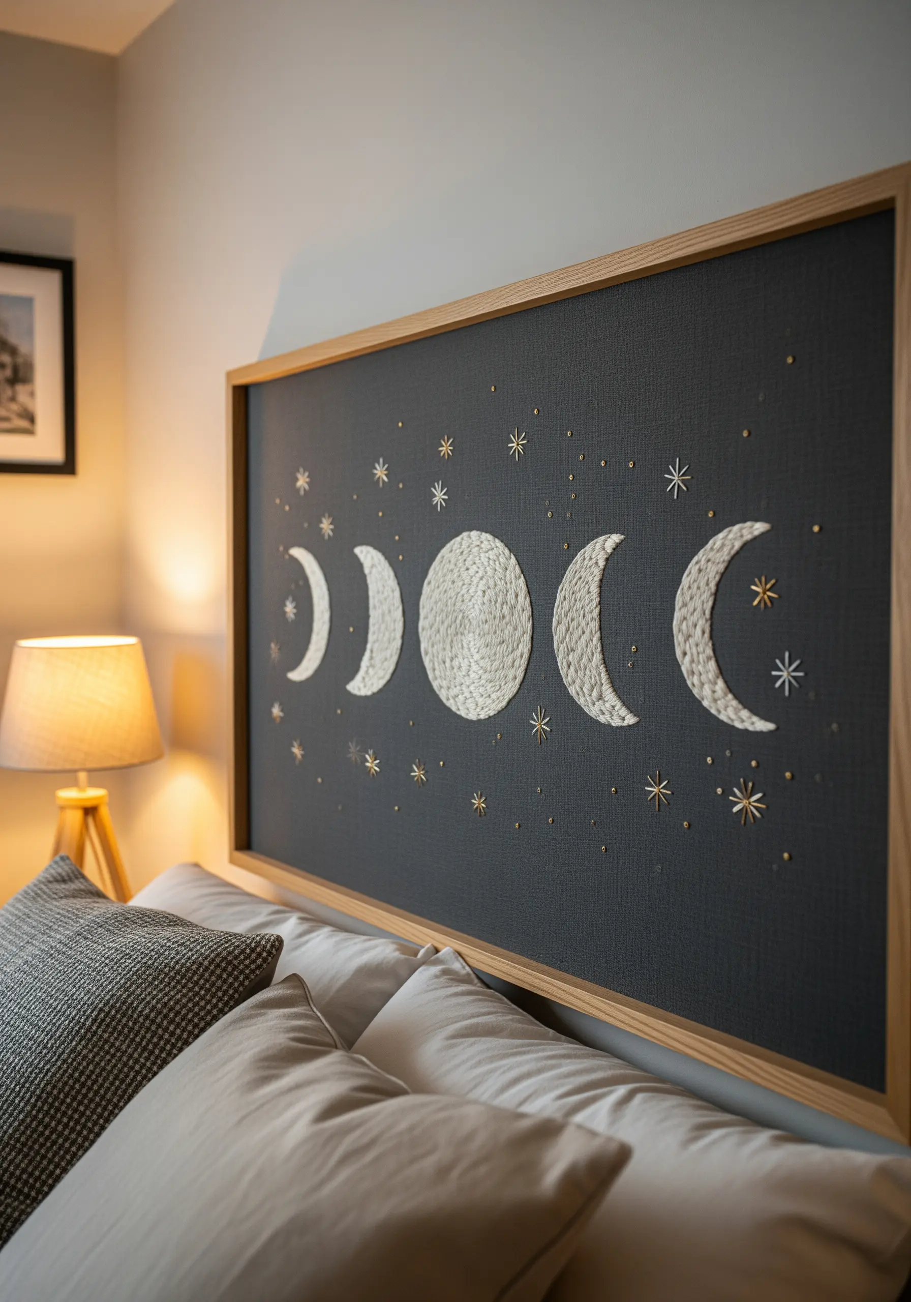 Embroidered moon phases in textured white thread on a dark charcoal fabric background.
