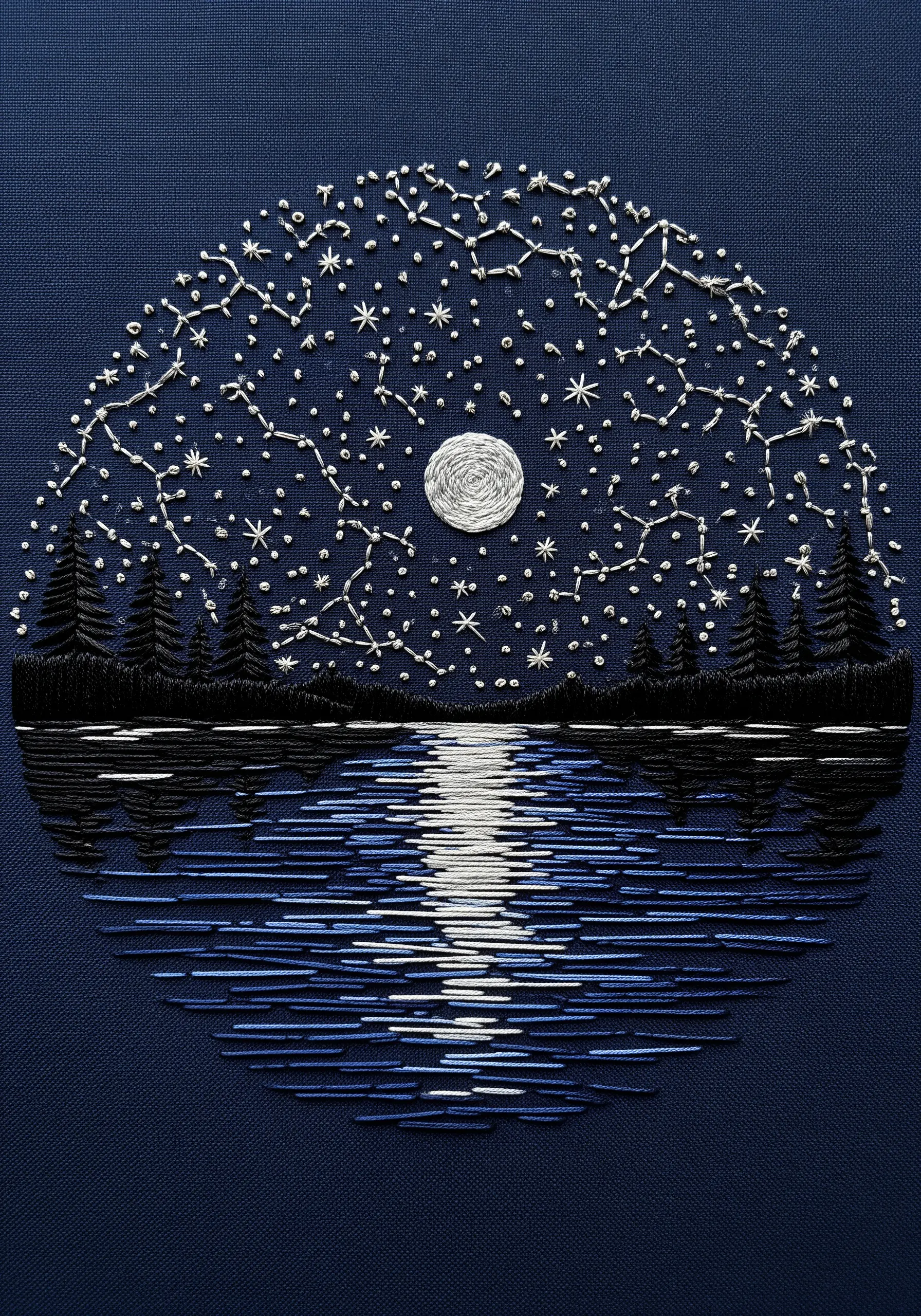 Embroidery of a starry night sky with constellations and a moon reflecting on water.