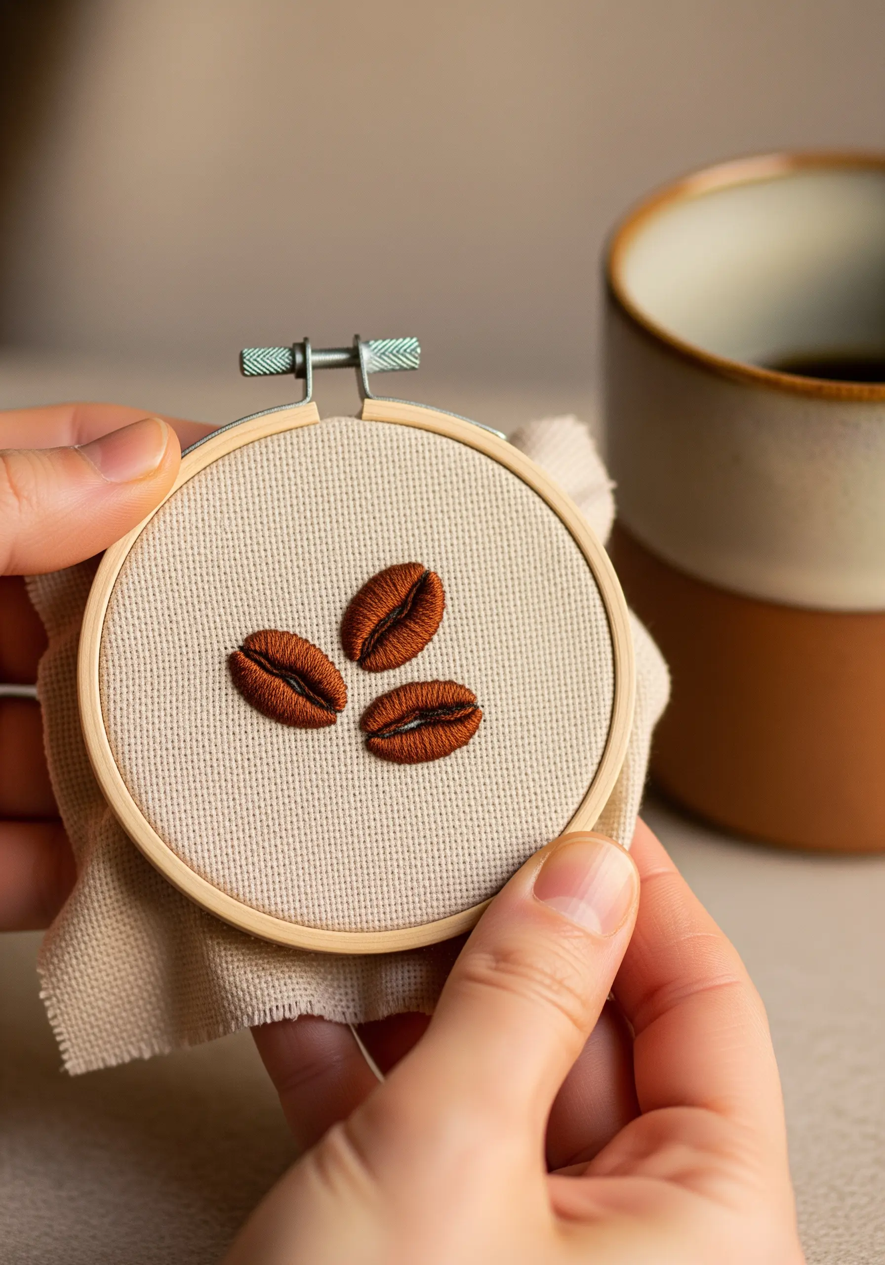 Three realistically shaded coffee beans embroidered in a small hoop.