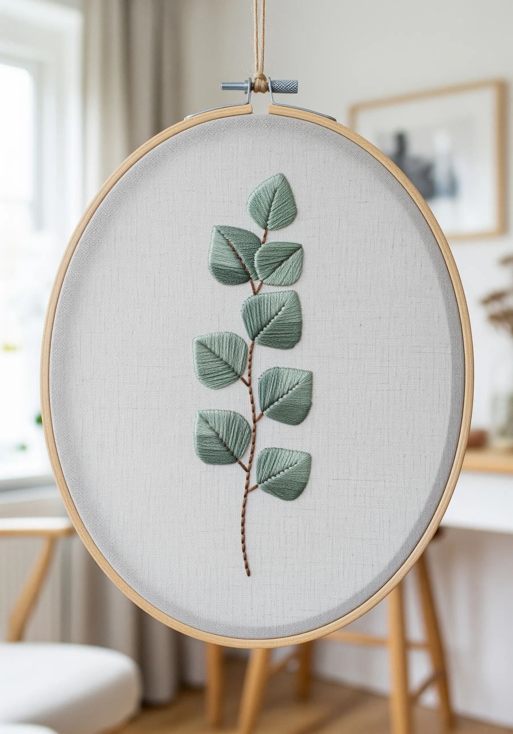 A branch of eucalyptus leaves filled with directional satin stitch in a soft sage green.