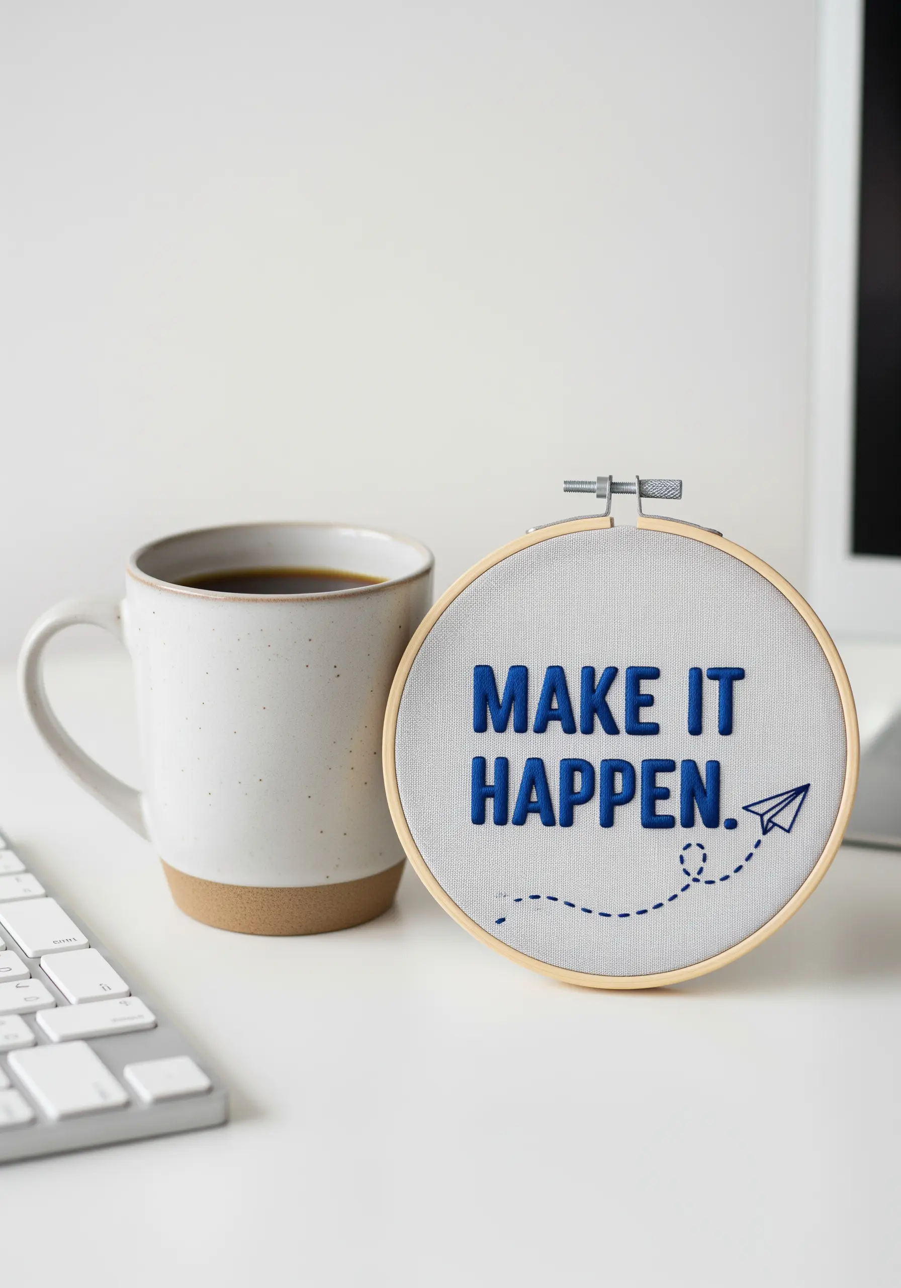 Bold blue padded satin stitch text 'MAKE IT HAPPEN' with a paper airplane.