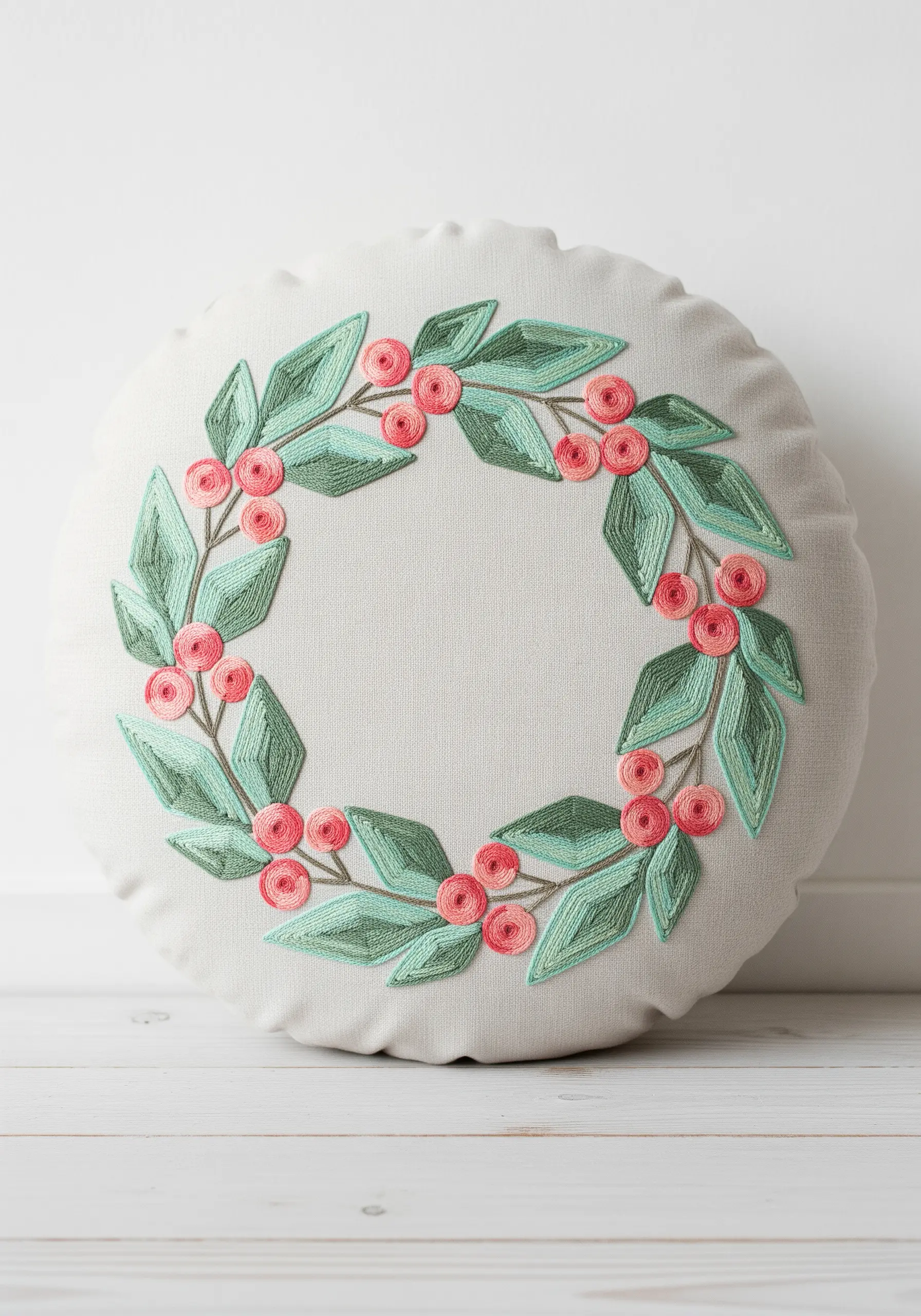 A round cushion with an embroidered wreath of green leaves and pink berries.