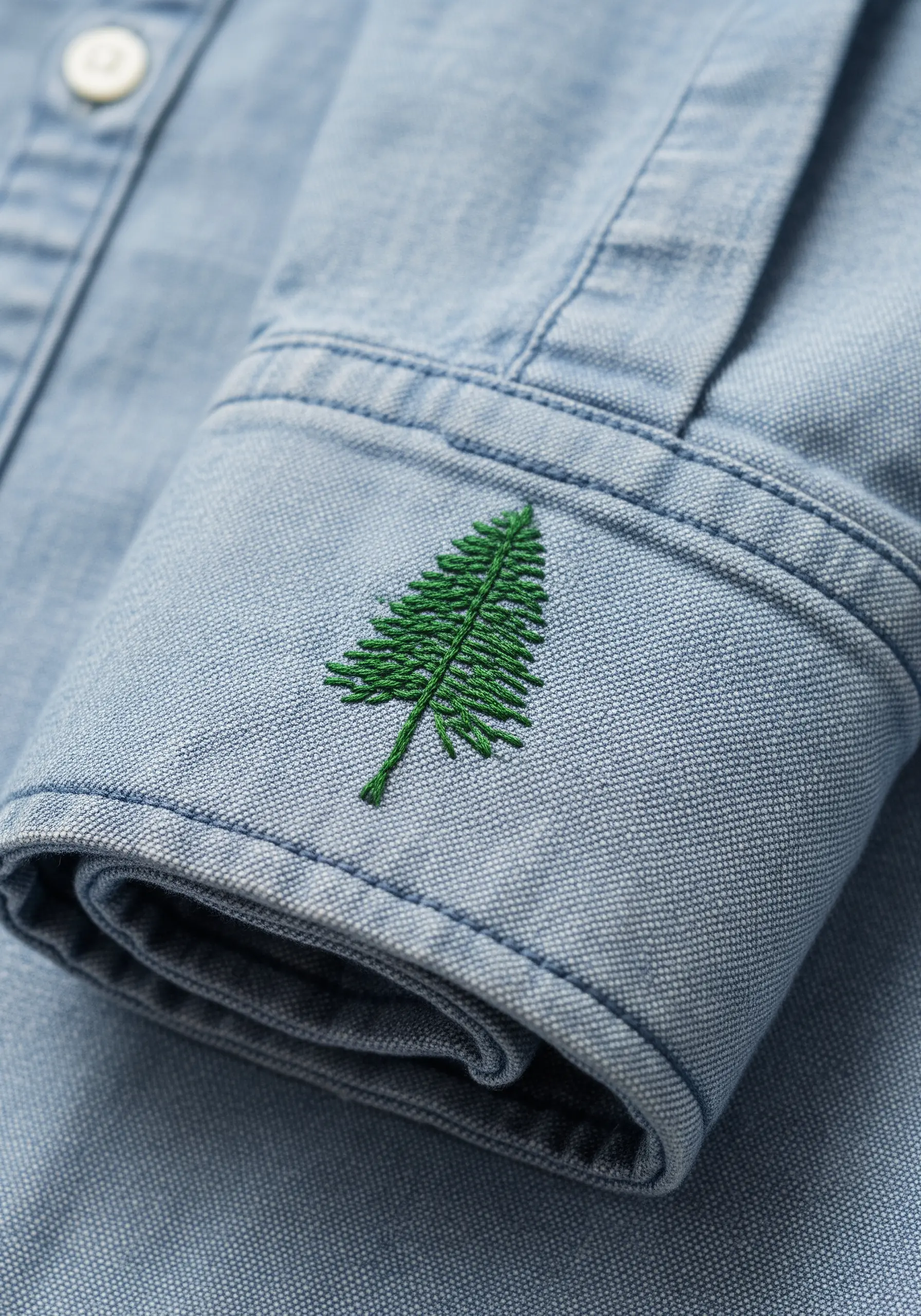 A small green pine tree embroidered on the cuff of a chambray shirt, with visible needle texture.