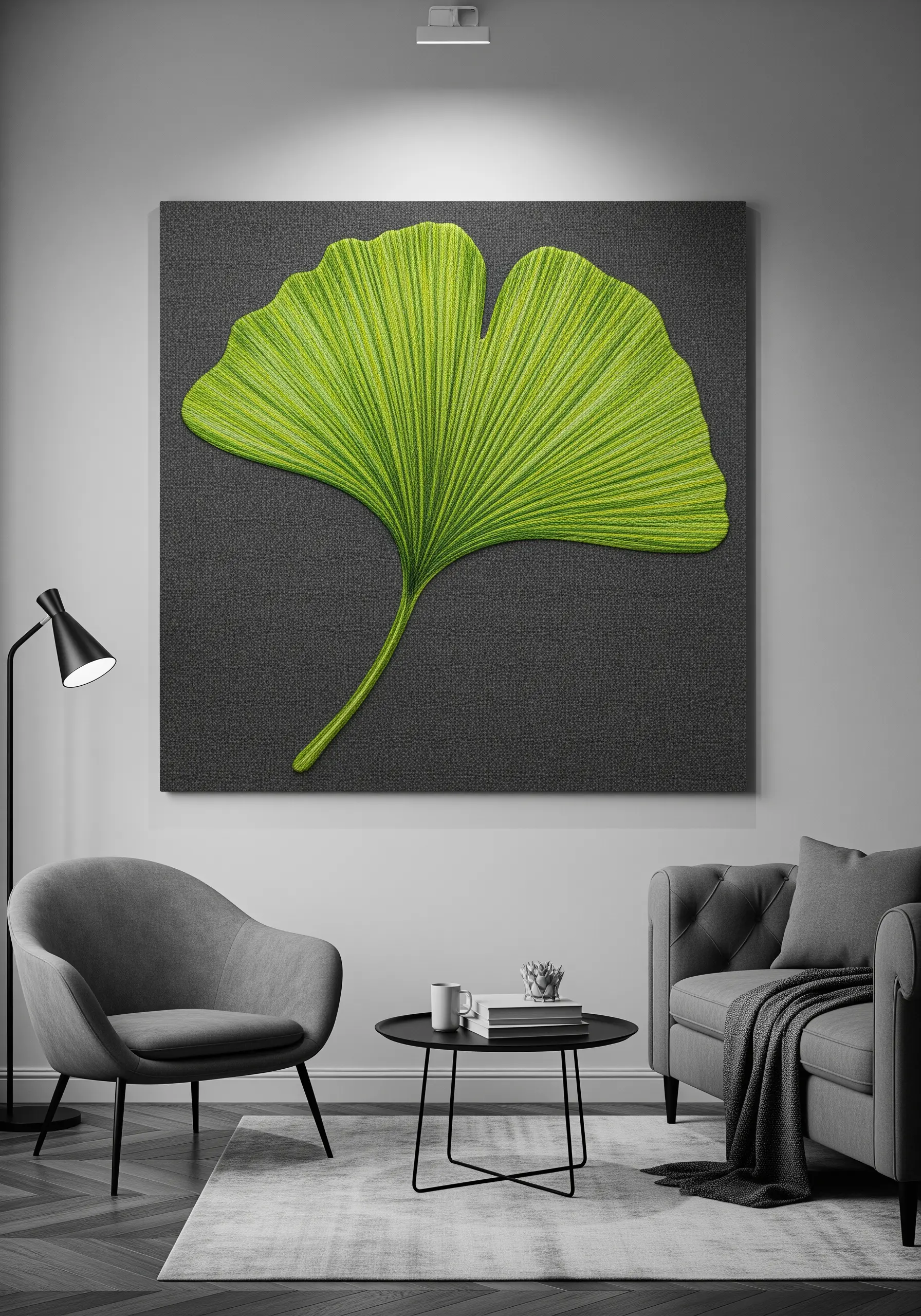 A large, photorealistic embroidered ginkgo leaf on a dark gray canvas.