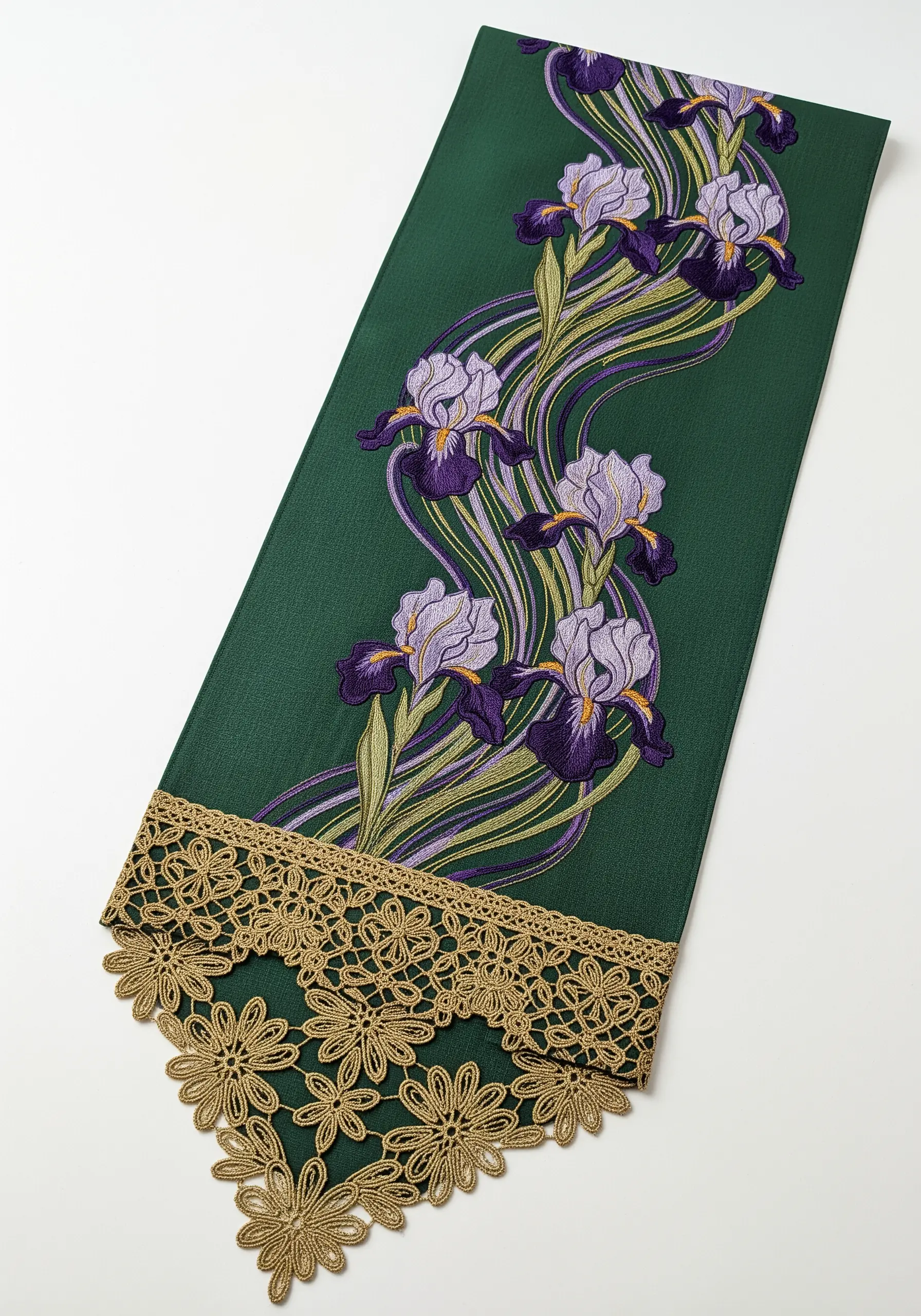 Embroidered purple irises on a dark green table runner with gold floral lace trim.