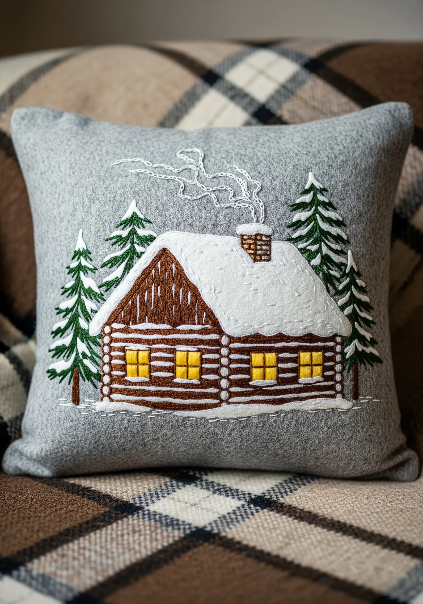 A cozy embroidered log cabin with a snowy roof on a gray felt pillow.
