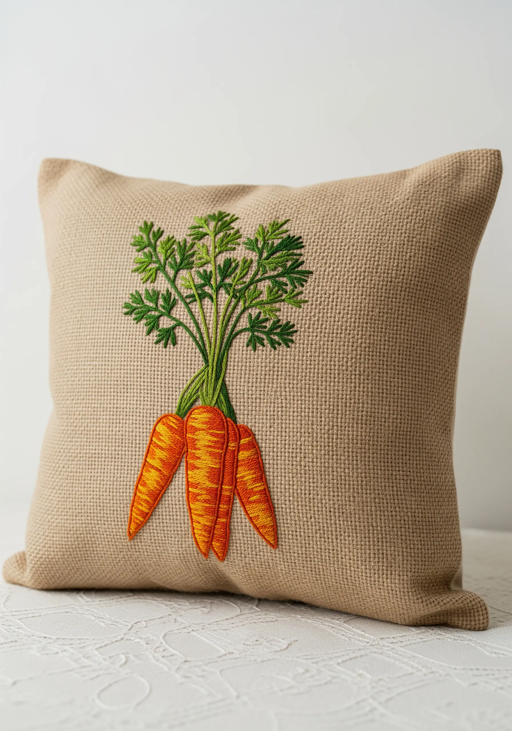 A bunch of three embroidered carrots with green tops on a burlap-style pillow.