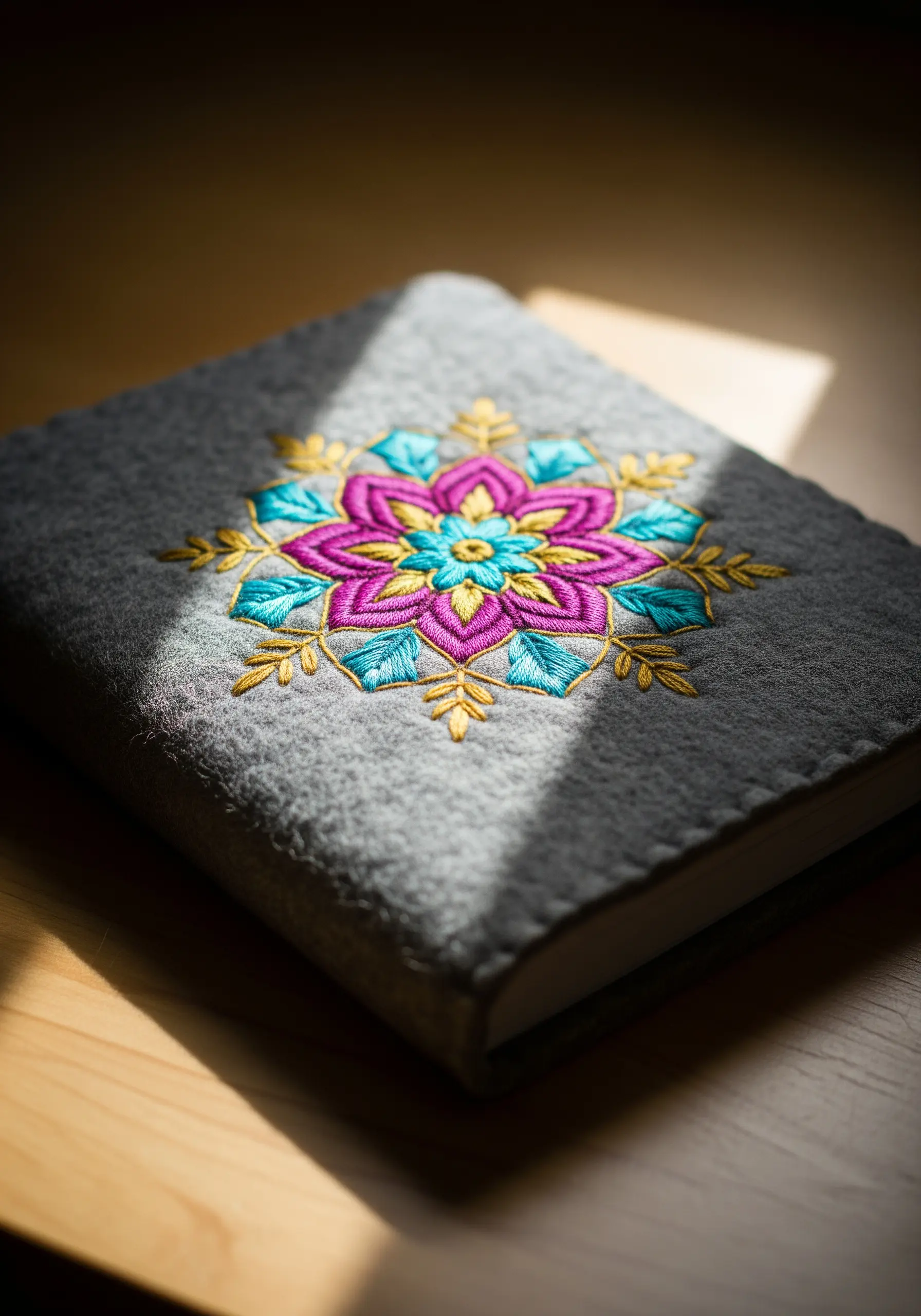 A brightly colored mandala embroidered onto a gray felt book cover.