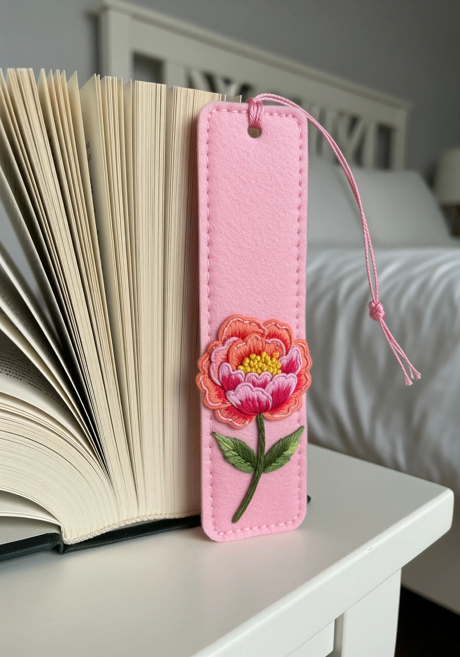 A vibrant embroidered peony on a pink felt bookmark tucked into a book.