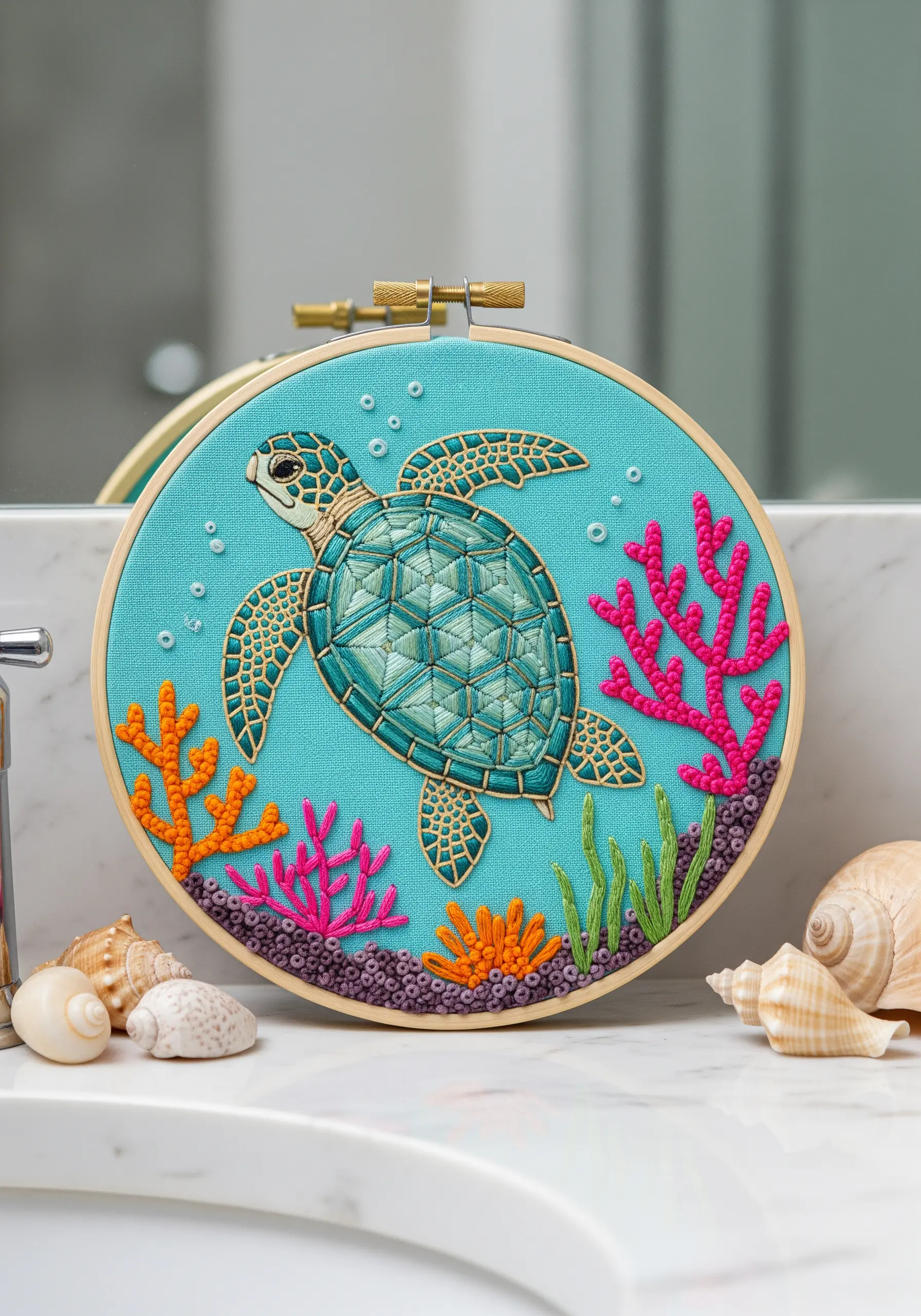 Embroidered sea turtle with patterned shell fill stitches and vibrant coral details.