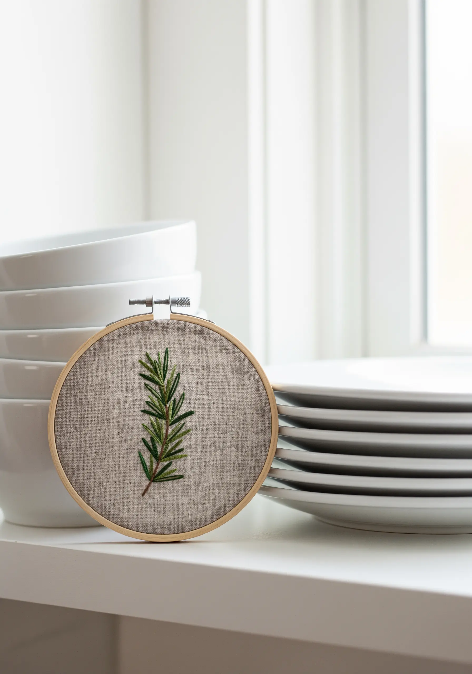 A sprig of rosemary embroidered with fishbone stitch on neutral fabric.