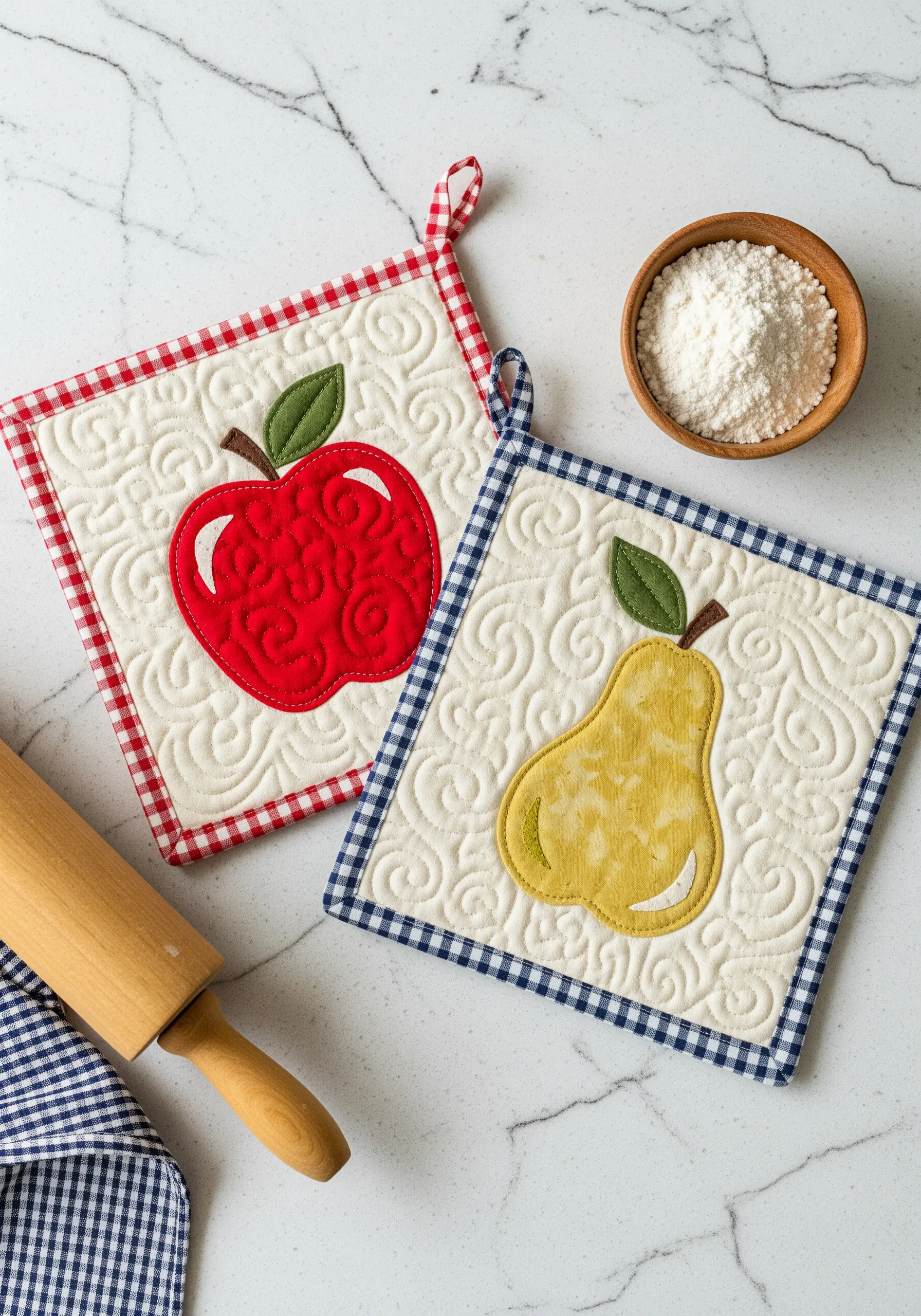Two quilted potholders with appliqué fruit and a gingham border.