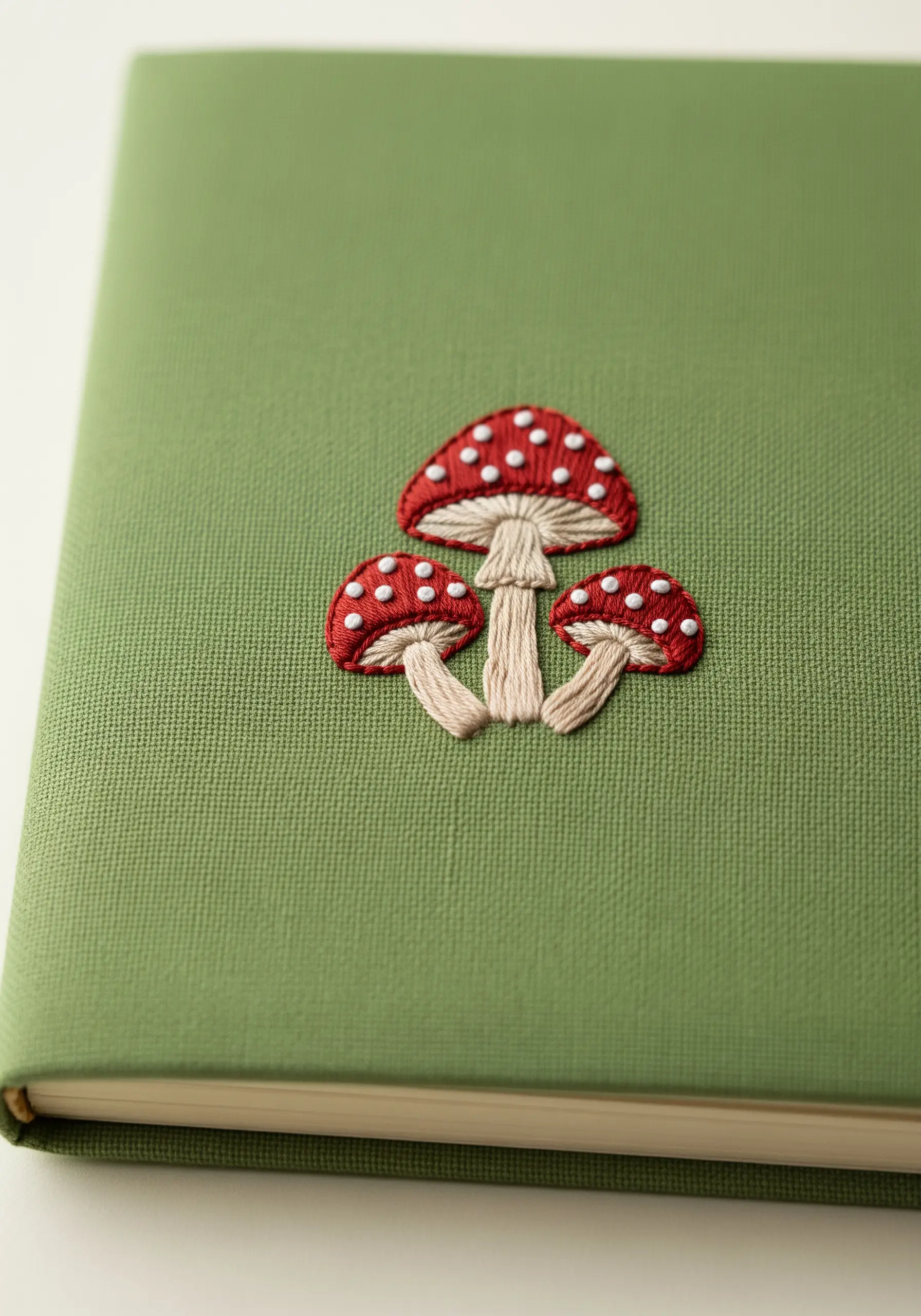 Three embroidered mushrooms with red caps and white French knot spots.