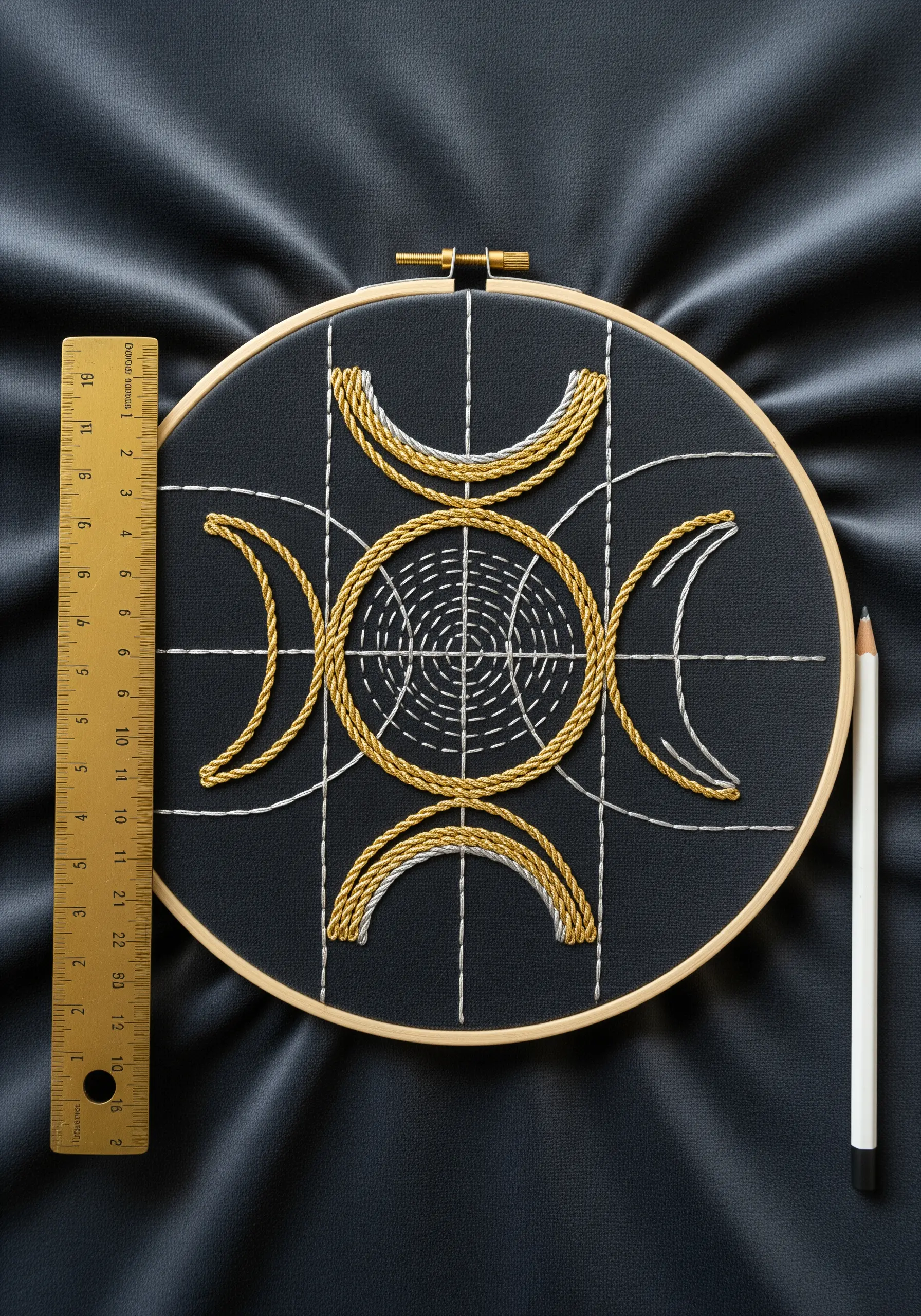 Symmetrical geometric design with gold and silver metallic threads on dark fabric, shown with a ruler.