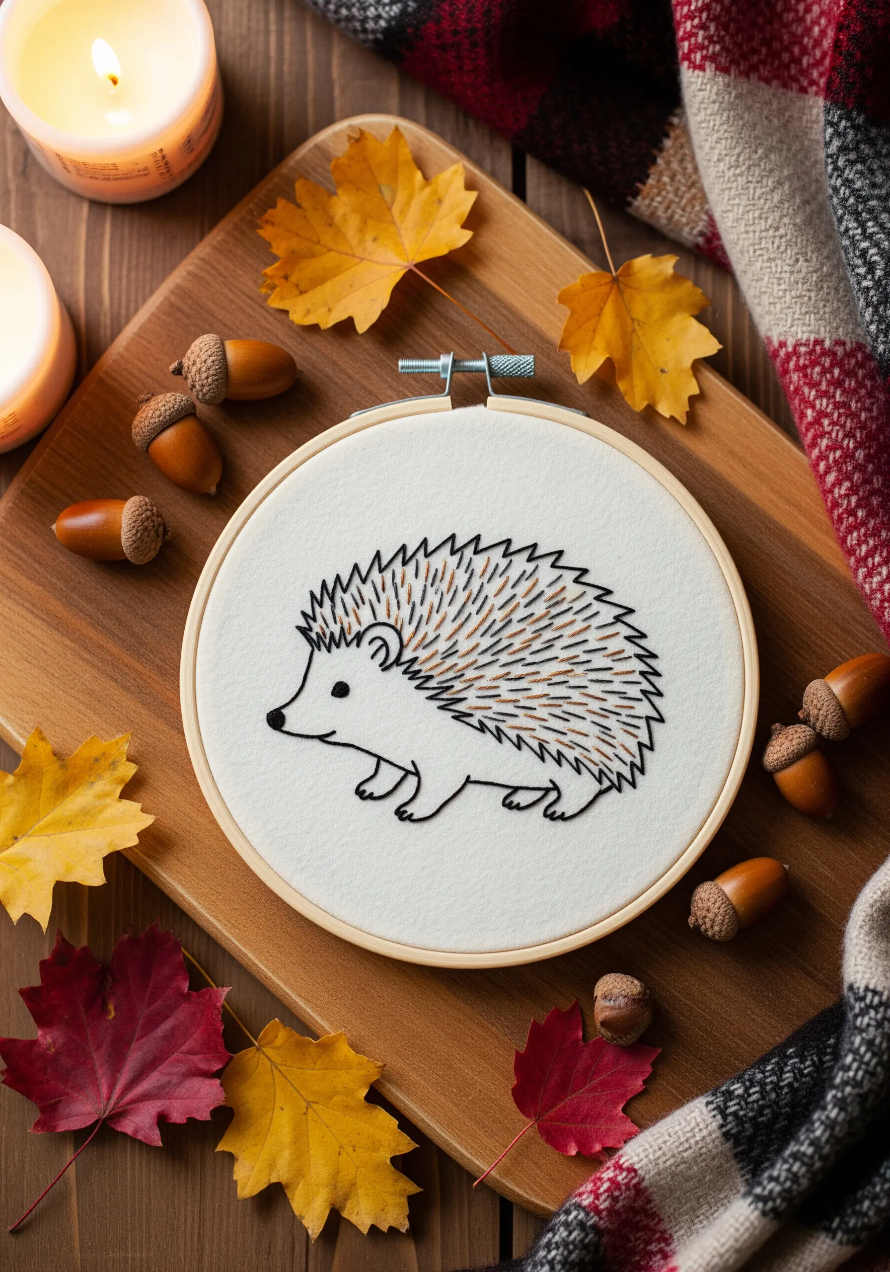 A hedgehog with quills stitched in a gradient of brown and beige straight stitches.