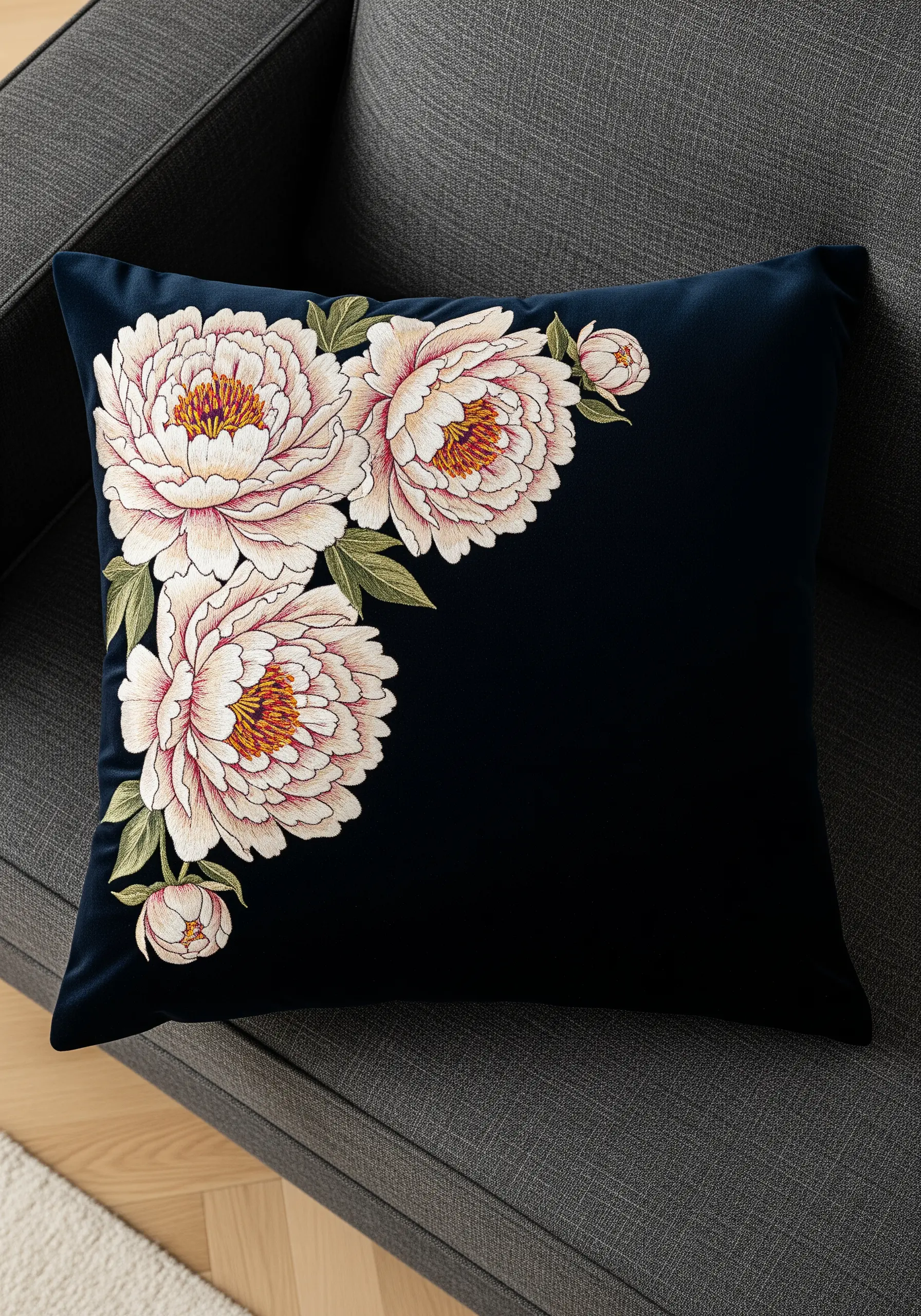Pale pink peonies with crisp outlines embroidered on a dark navy velvet pillow.