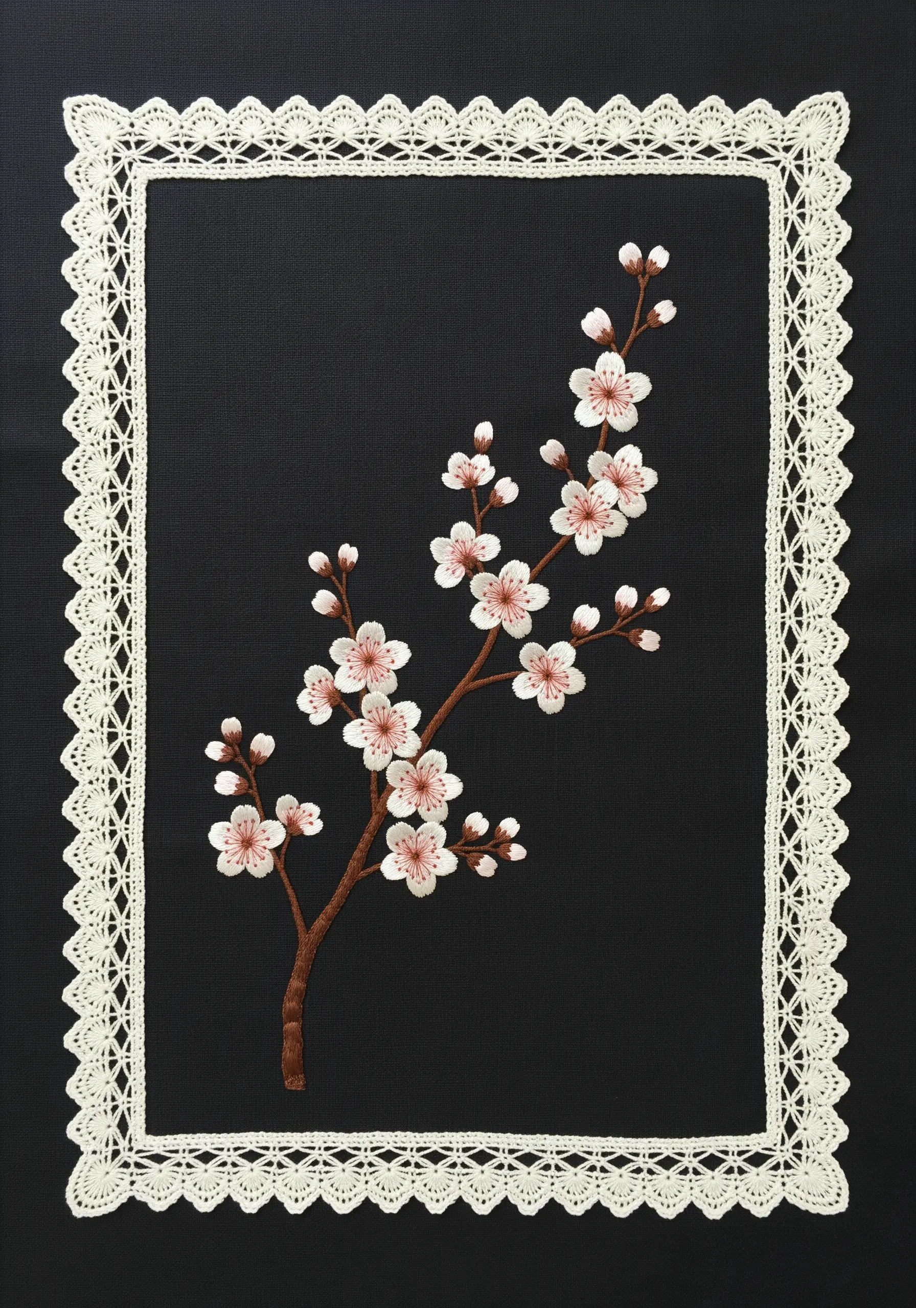 Embroidered cherry blossom branch with pink and white flowers on a black placemat.