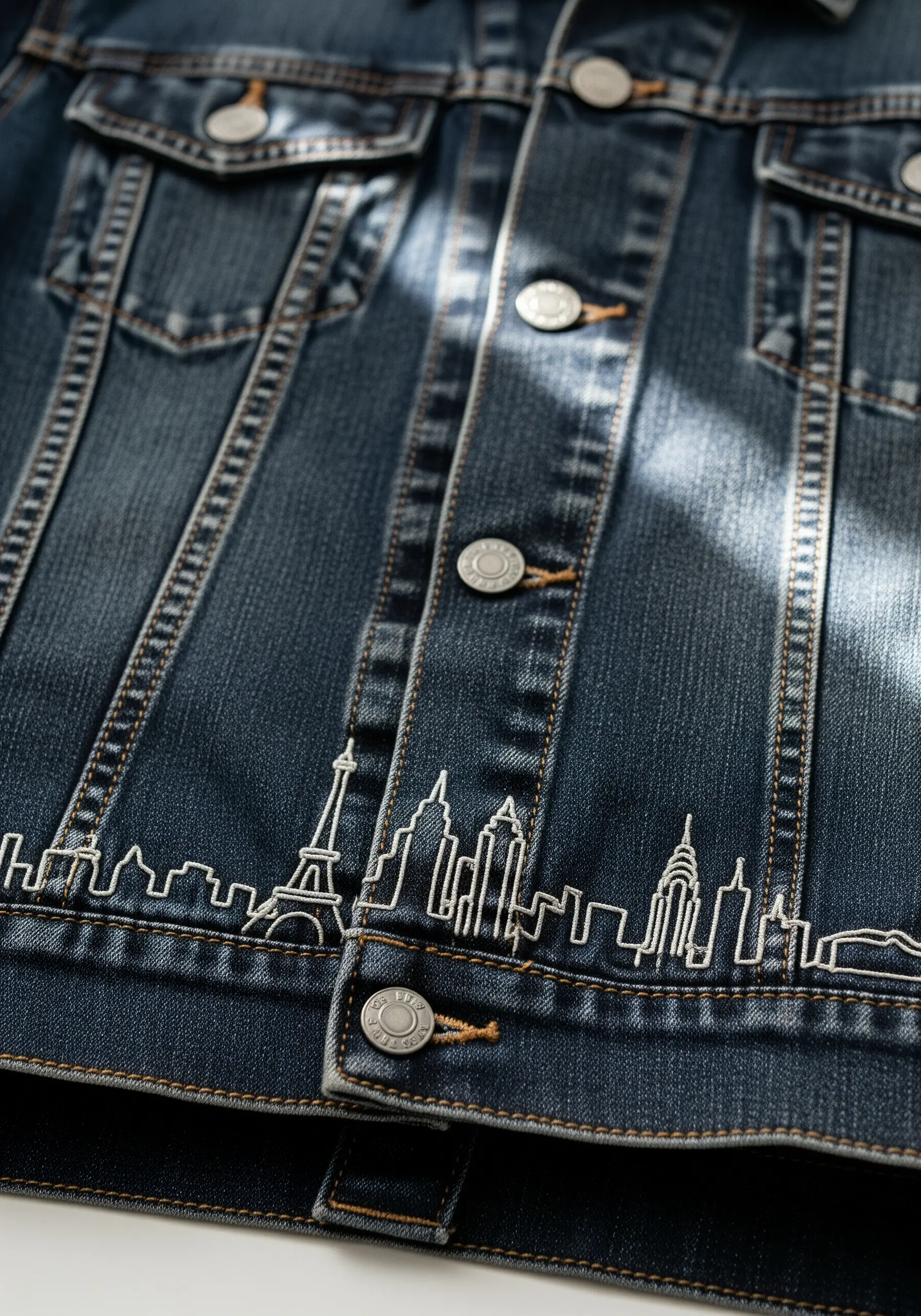 A white-thread outline of a city skyline, including the Eiffel Tower, on a dark denim jacket.