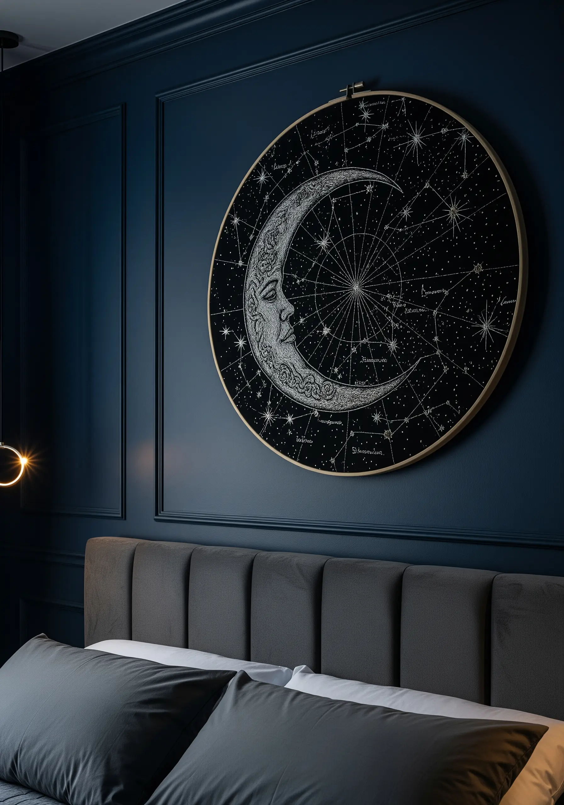 Large celestial moon and star chart embroidered with white thread on black fabric.