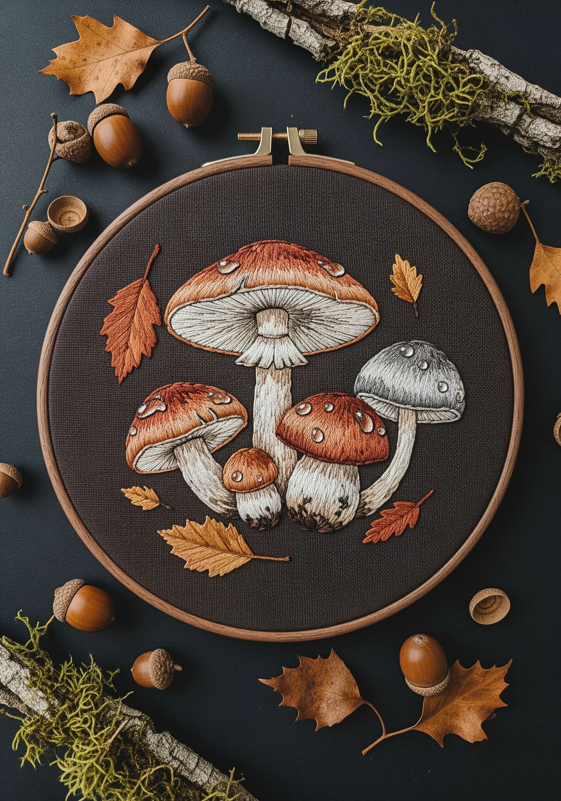A family of embroidered mushrooms with white stitch highlights that look like water droplets.