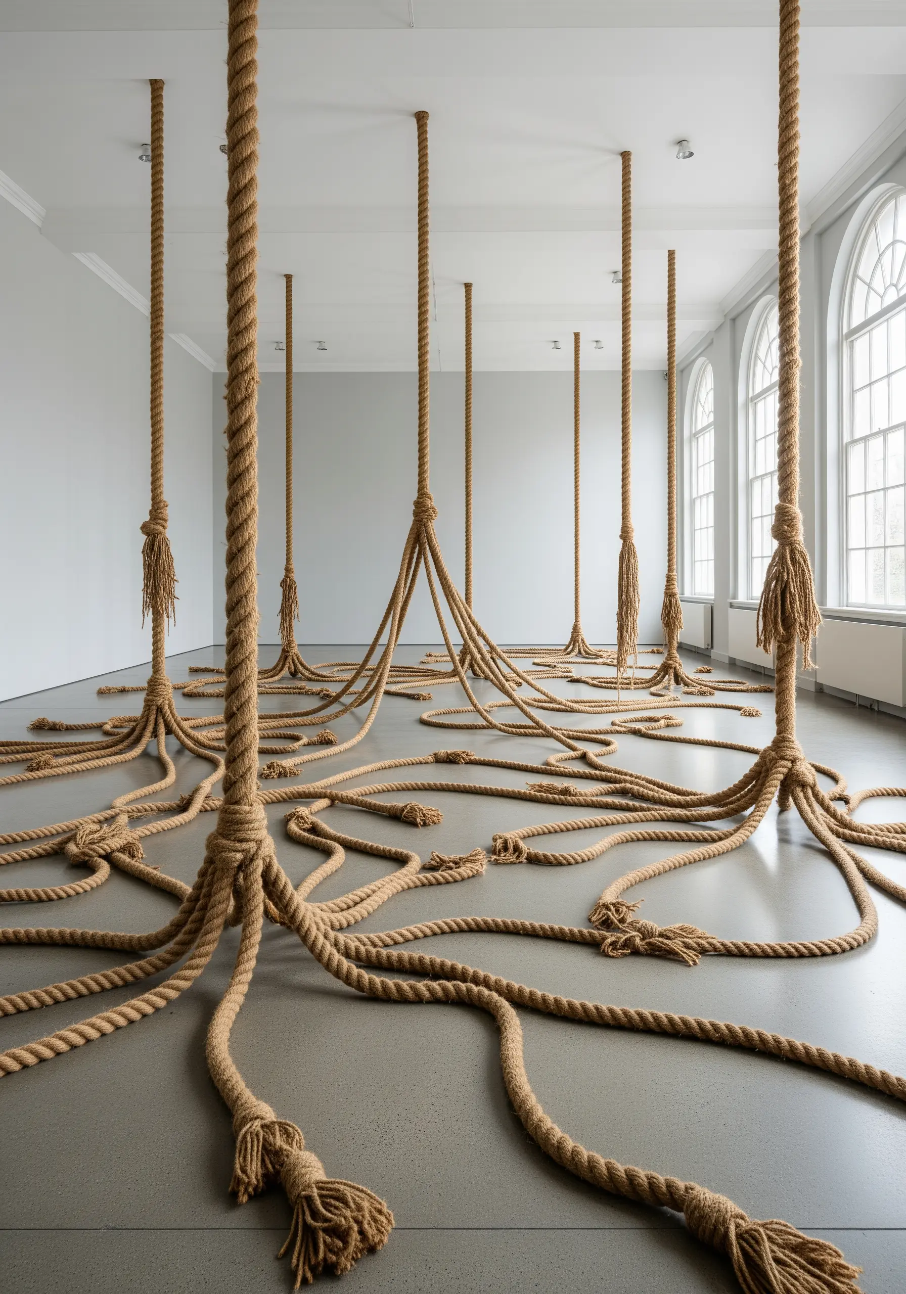 An installation of thick jute ropes hanging from the ceiling and spreading across the floor.