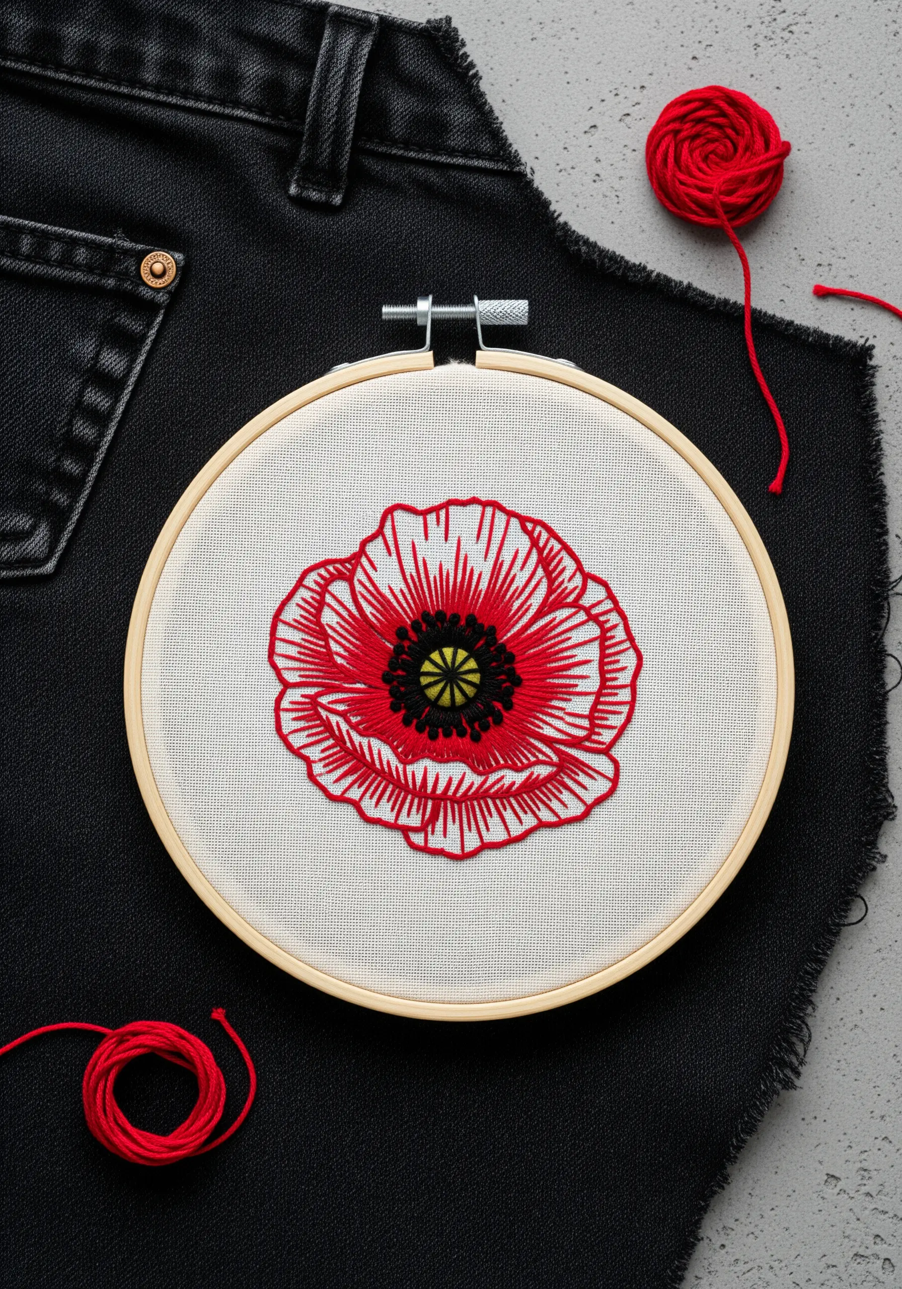 A graphic red poppy embroidered with black and red line work on white fabric in a hoop.