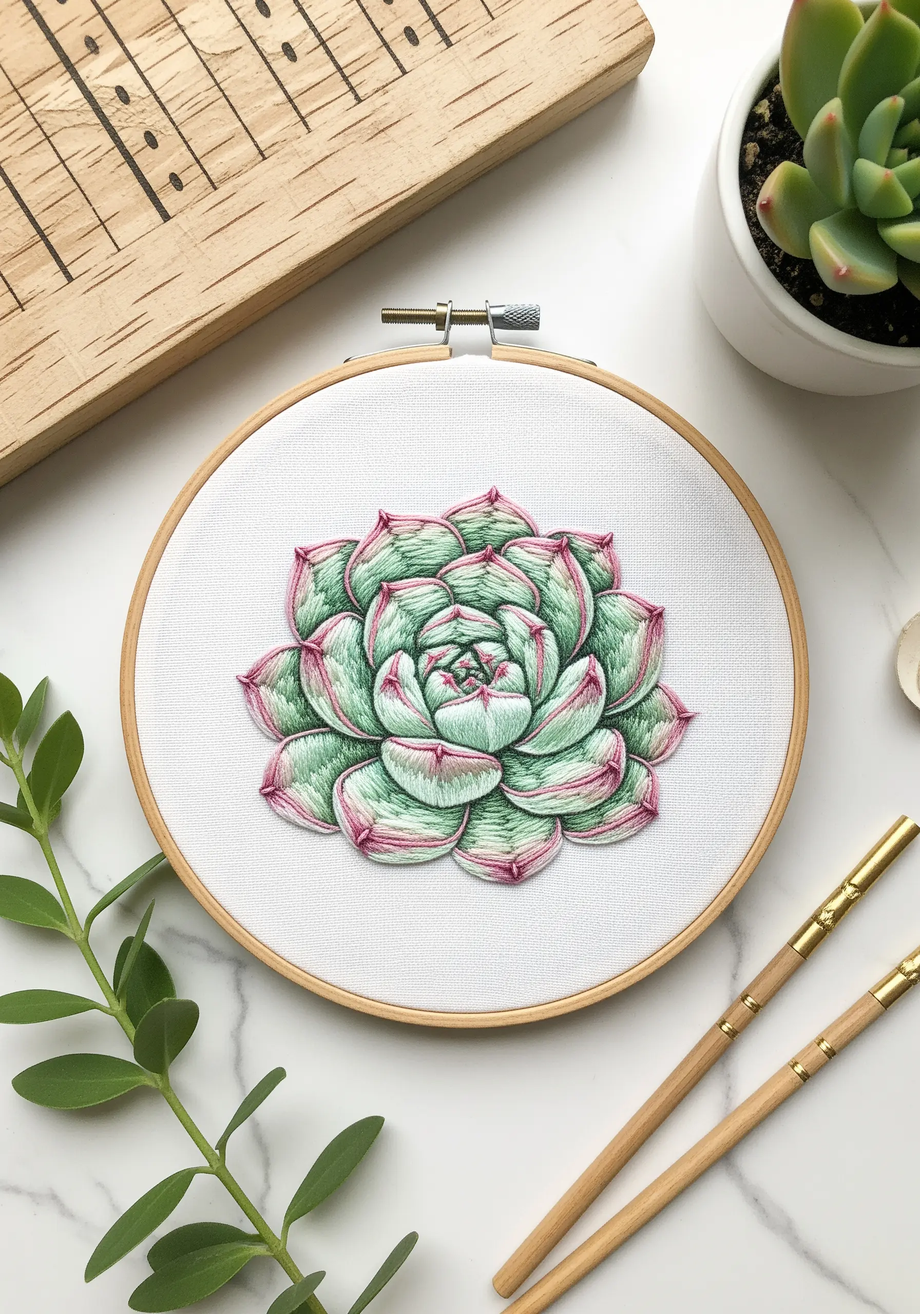 A realistic succulent embroidery with pink and green gradients and black line details.
