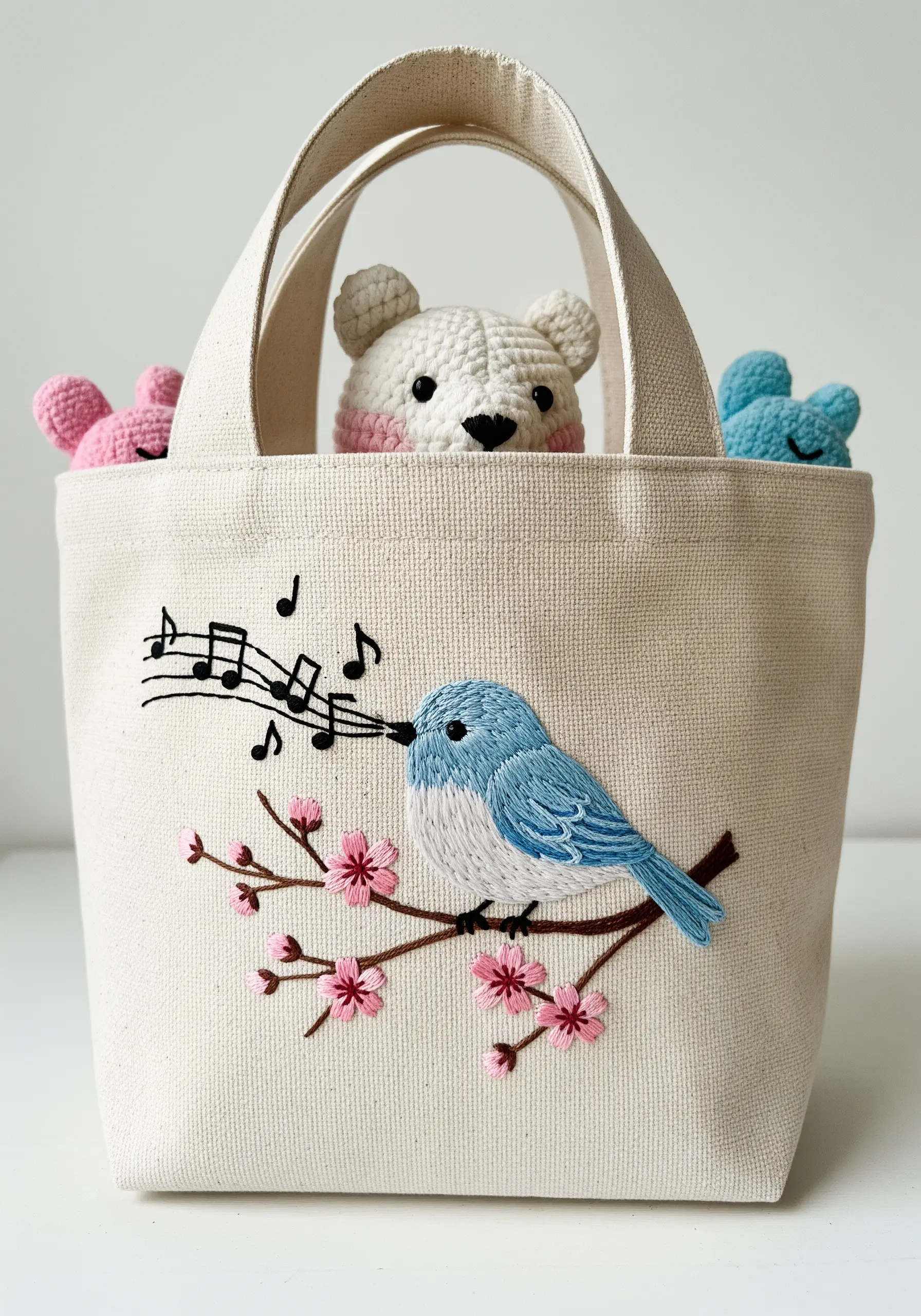 A thread-painted bluebird singing musical notes, embroidered on a canvas tote bag.