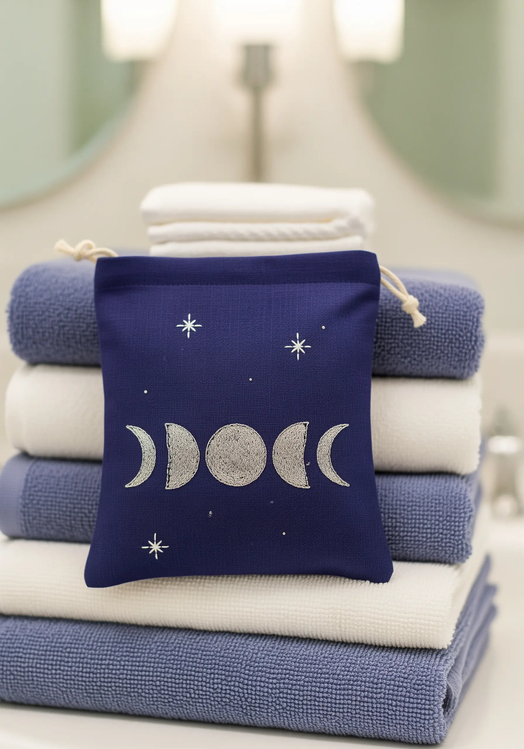 Navy blue drawstring bag with embroidered silver moon phases and stars.