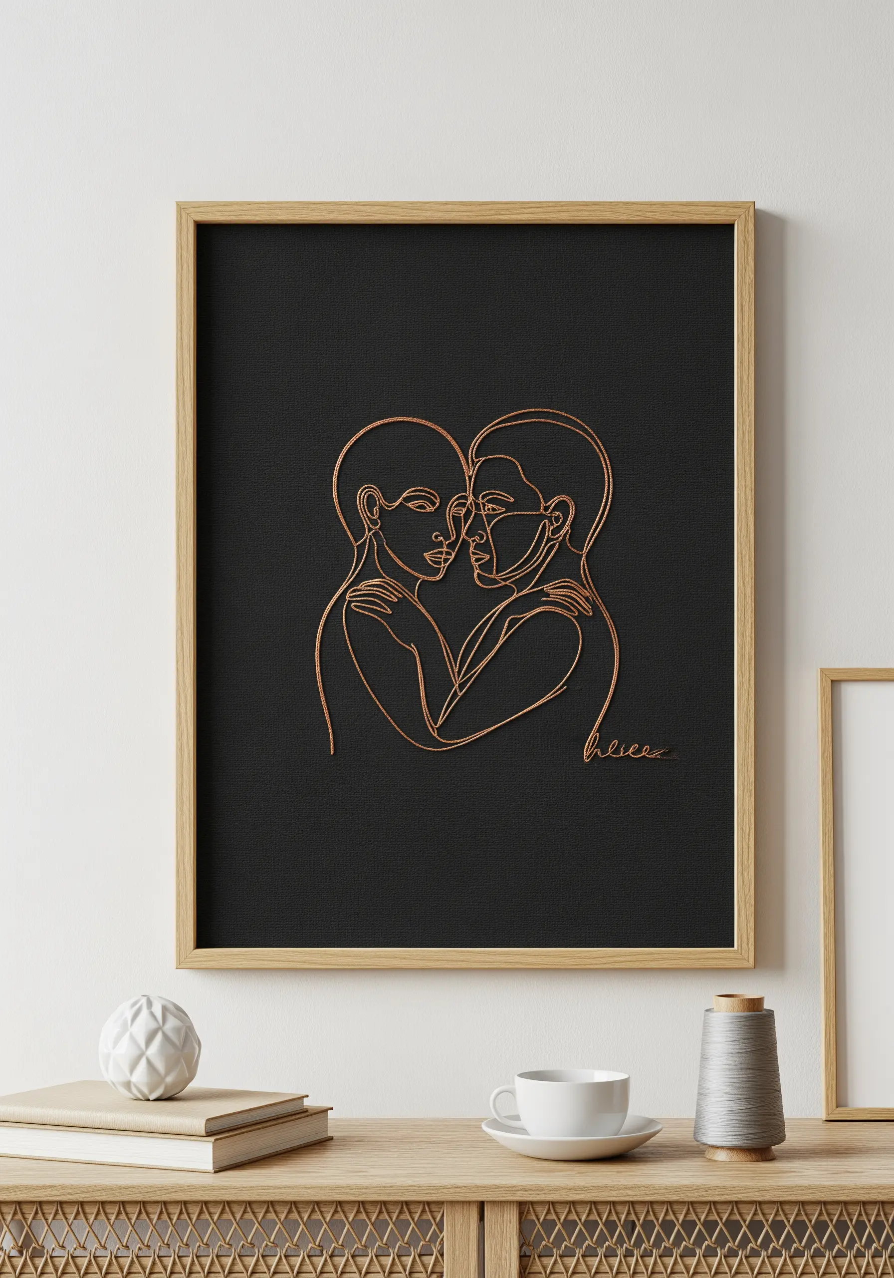 A continuous line art portrait of an embracing couple stitched in copper metallic thread on black fabric.