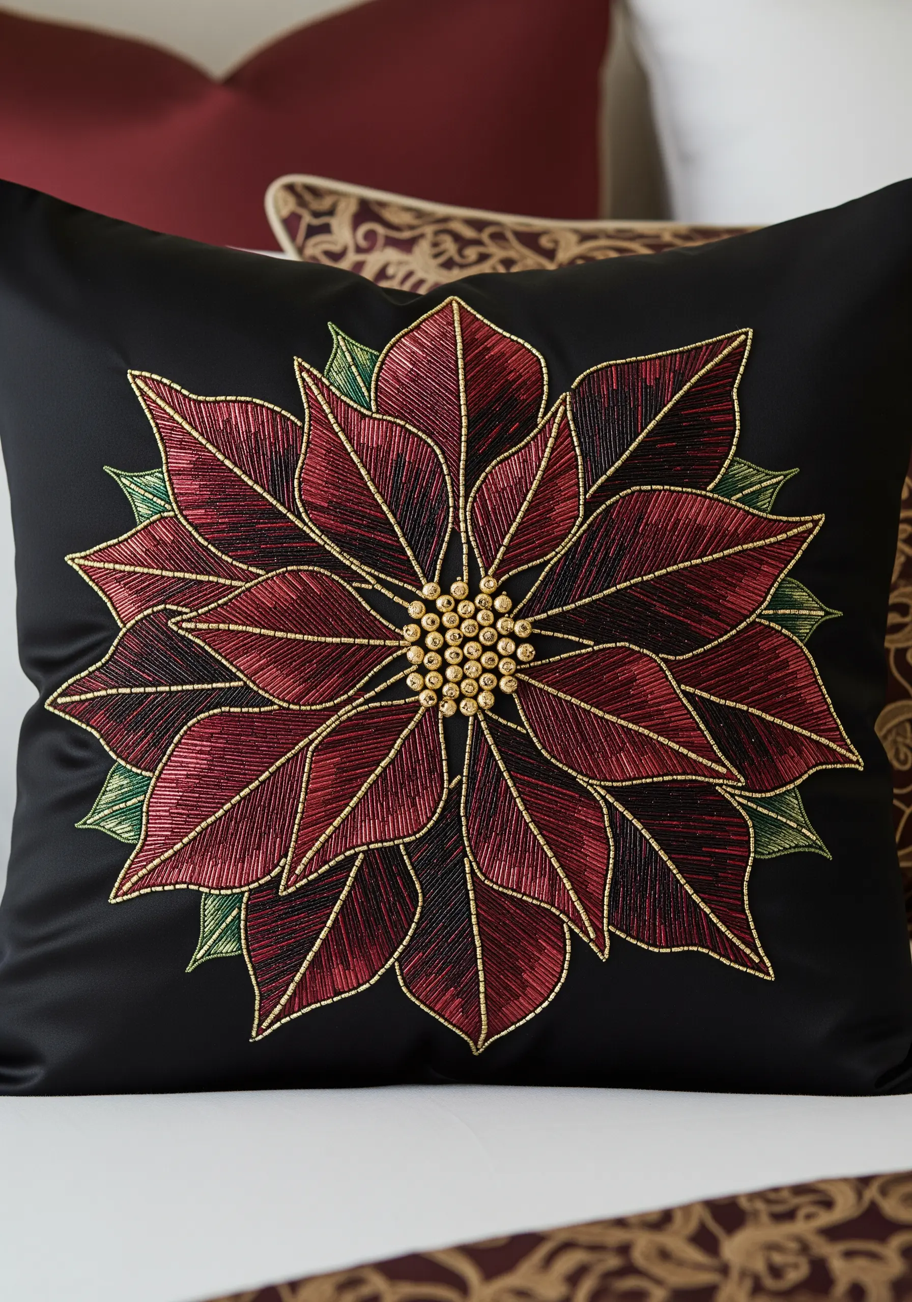 A large poinsettia embroidered with red and gold thread on a black satin pillow.