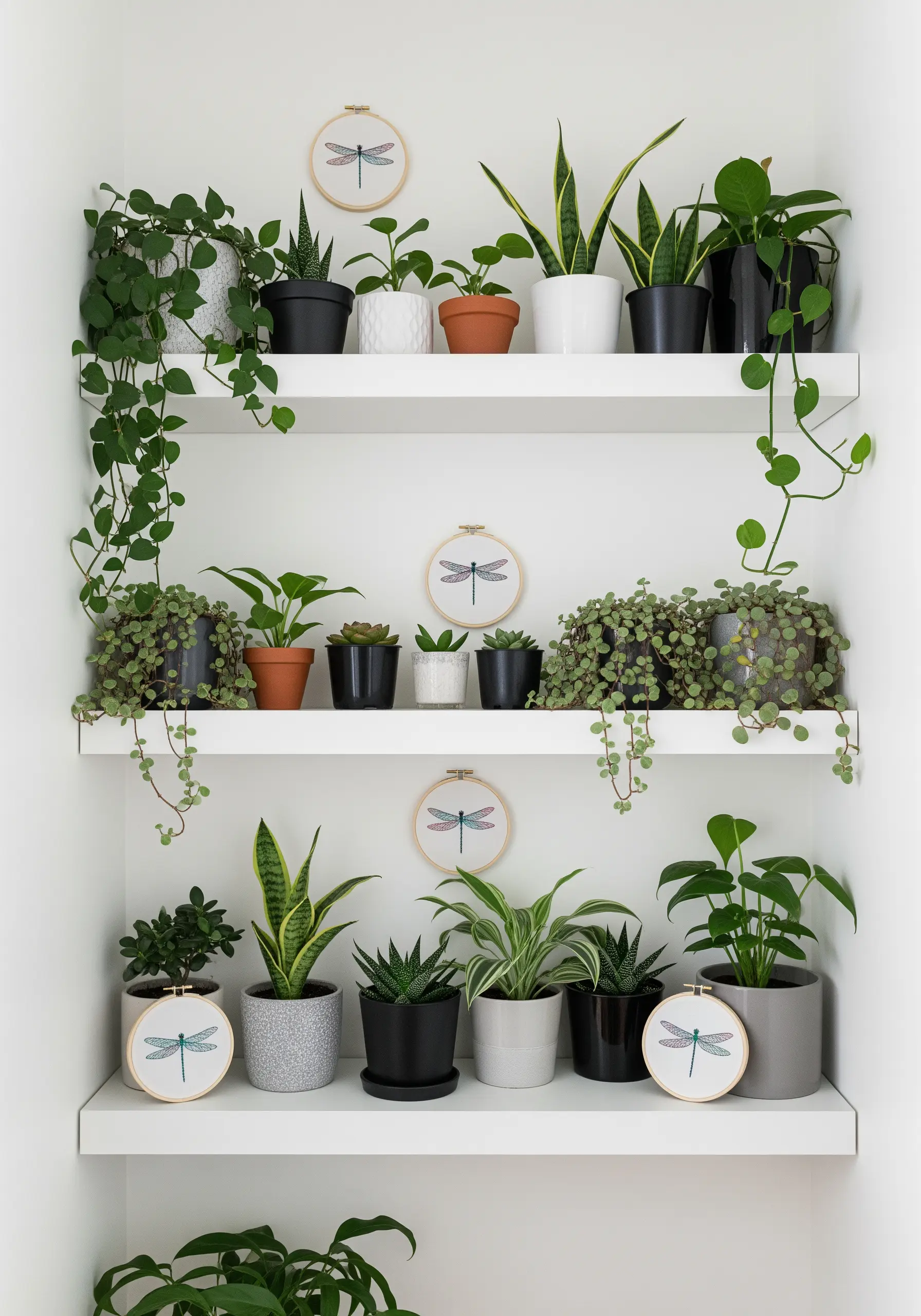 Tiny embroidery hoops with dragonflies placed strategically on white shelves filled with potted plants.