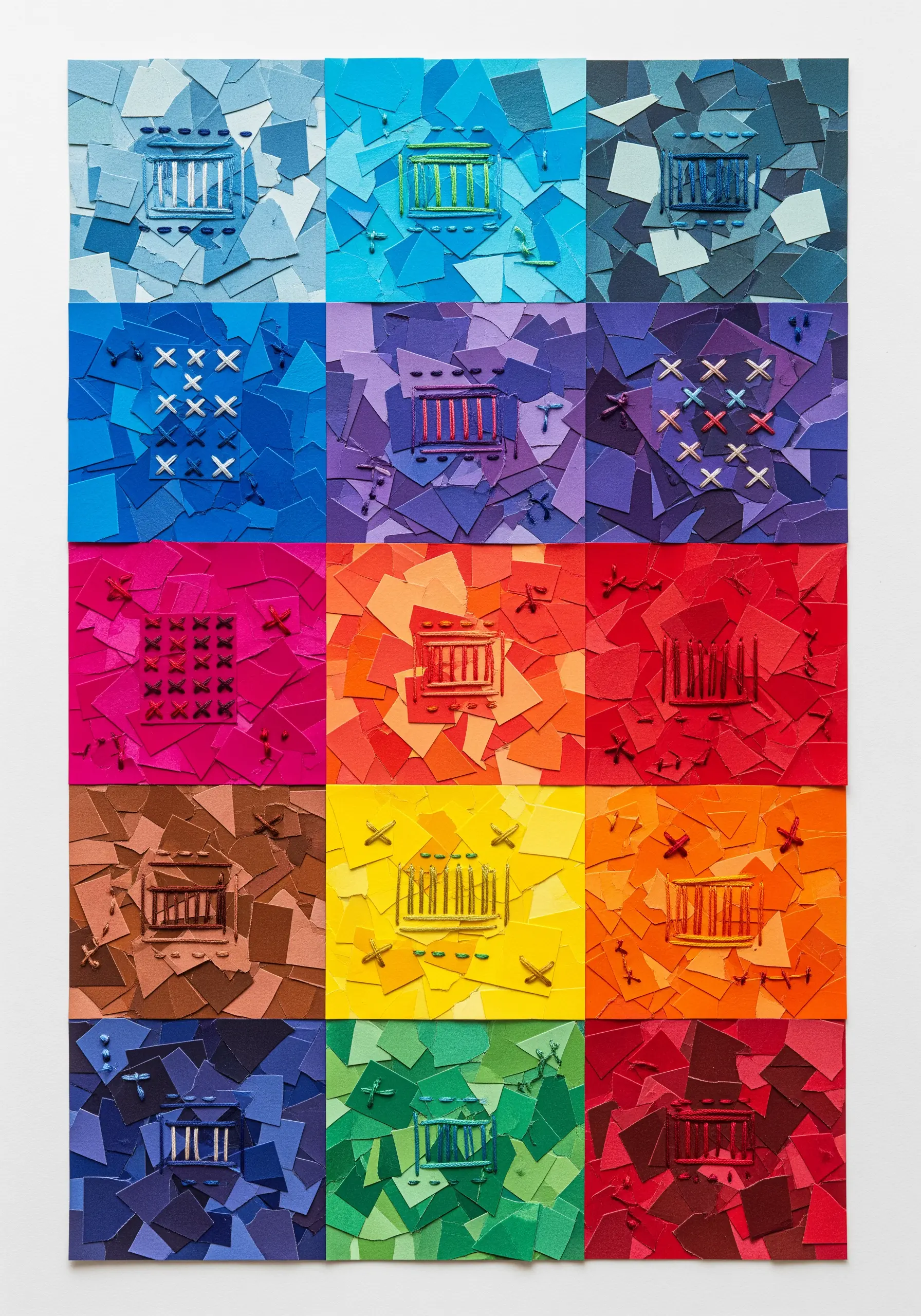 A grid of colorful paper collages, each featuring small, simple embroidered icons in a contrasting color.