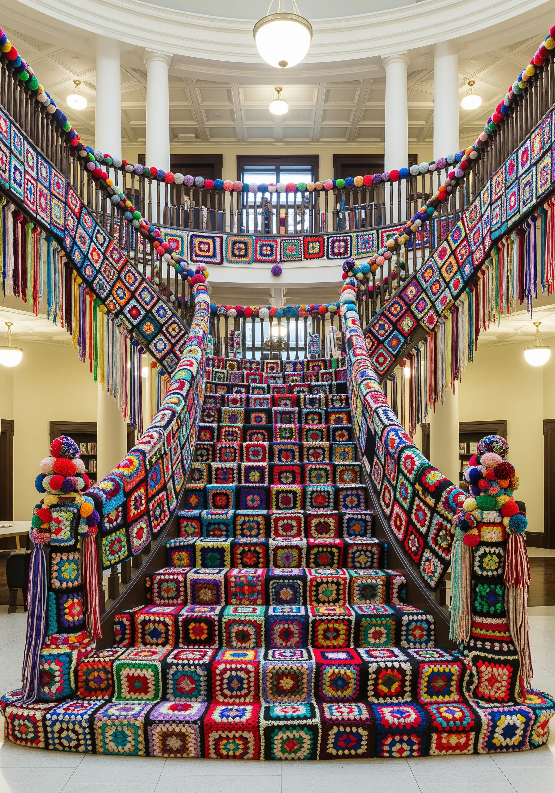 A grand staircase completely covered in colorful crocheted granny squares and yarn pom-poms.
