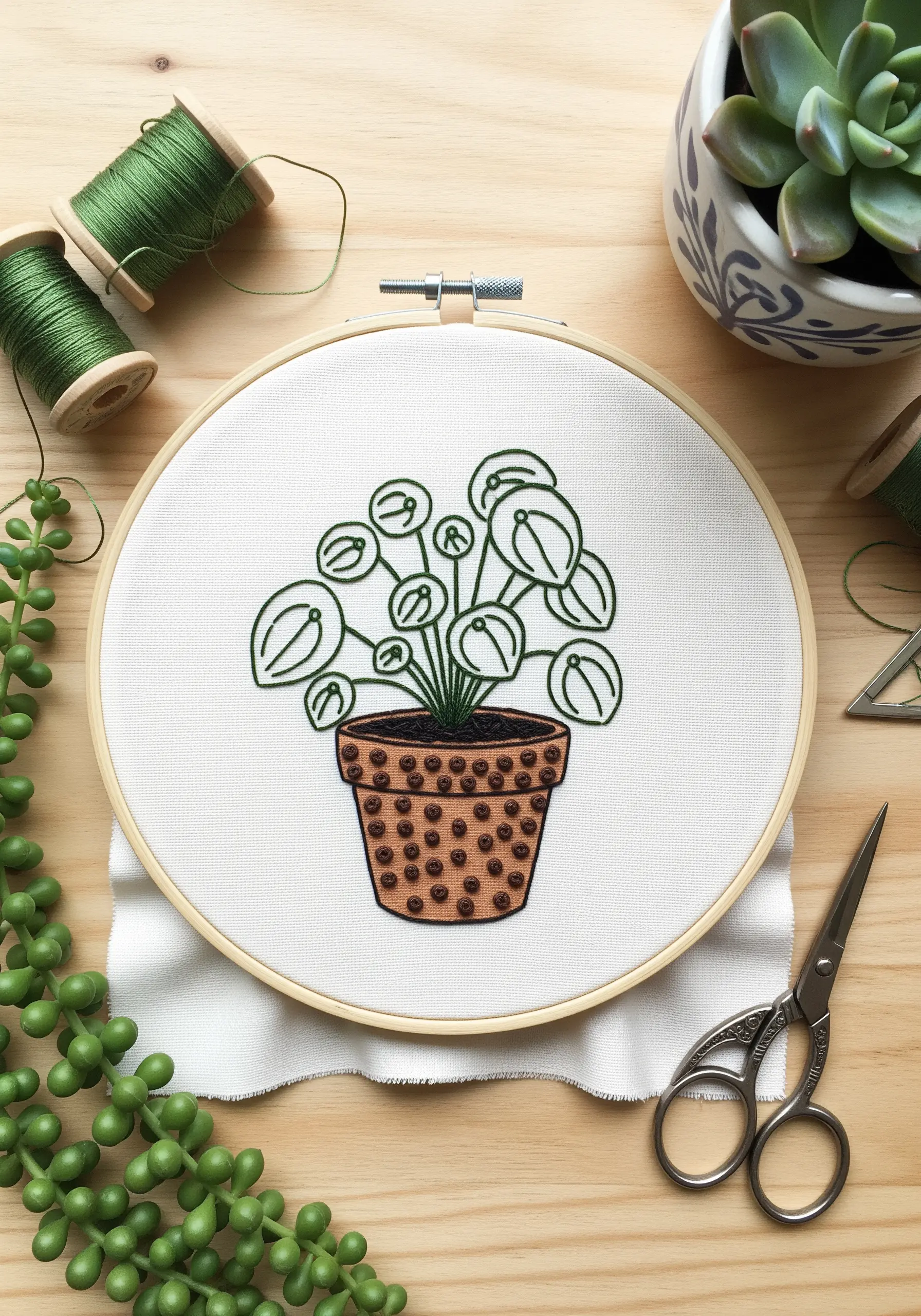 Line art embroidery of a Pilea plant with a pot filled with French knots.