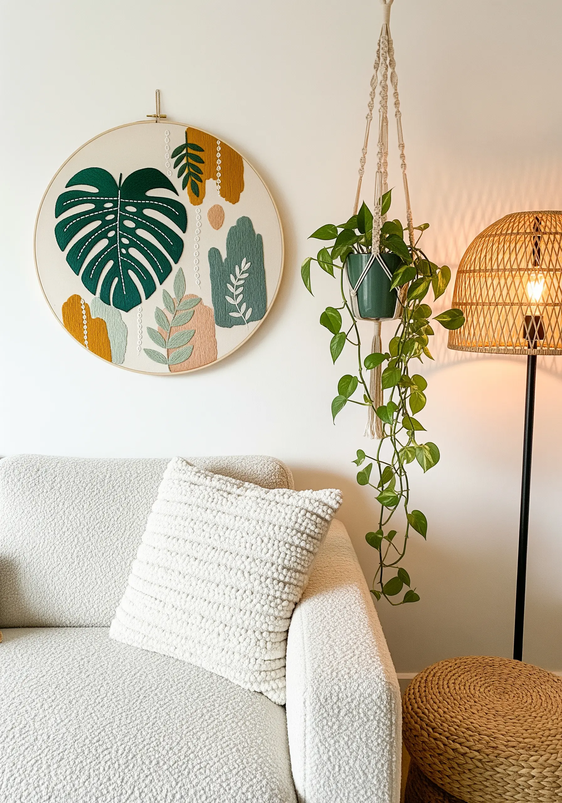 Large embroidery hoop with monstera leaves and abstract shapes in green, ochre, and pink.